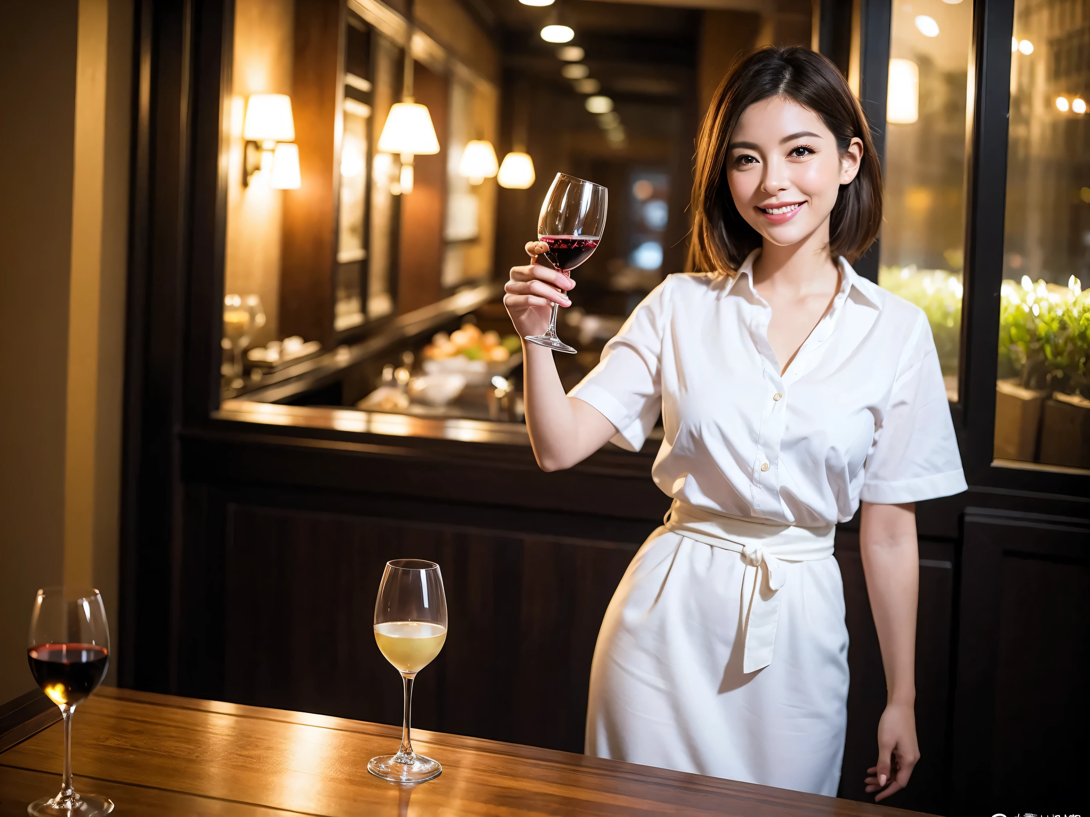 (64k uhd, nffsw, of the highest quality, masutepiece: 1.2), (Realistic, Photorealistic: 1.37), Pretty Woman 1, (Slim Face), (slimボティ), (Brown hair), (short-cut), Dutchman、Americana、Frenchman、cheeks blush a little, (40 years old), 38 years, Solo, A beautiful and detailed night view spreads out outside the window..........., restaurant, wine glassesに座って, At night, In a prominent place (from waist up) NovaFrogStyle, actress, Model, waist-up, white wine, slim, wine glasses, Super clean night view, 真ん中に置かれたwine glasses, Happy smile, (Smile: 1.15), Beautiful fine eyes, Upper body, Bust Japan Up, Night, Short, Short, actress, Model, waist-up, white wine, slim, wine glasses, Super clean night view, 真ん中に置かれたwine glasses, Happy smile,