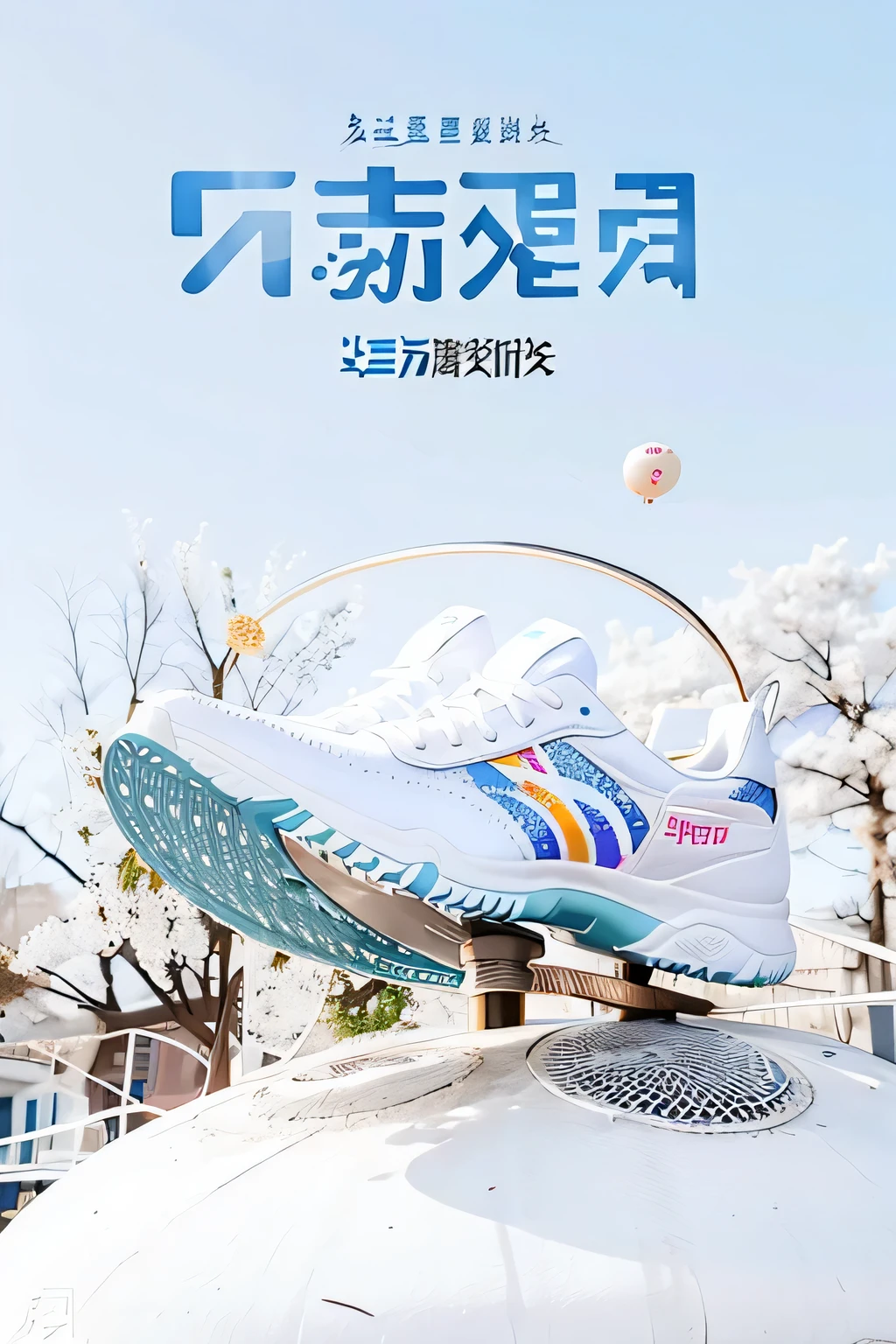 There is a poster，Above is a photo of a shoe on a soft bouncy ball , inspired by Cheng Jiasui, Inspired by Xiao Yuncong, airy, Wang Chen, Inspired by Bian Shoumin, sneaker design, Inspired by Ma Yuanyu, white and pale blue toned