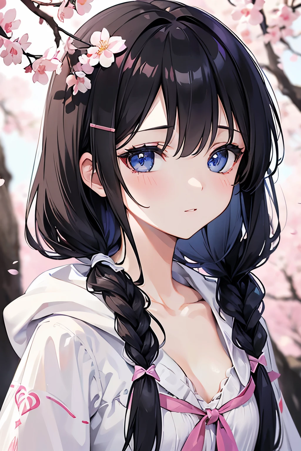 (Masterpiece:1.2, high quality), (pixiv:1.4), (1girl:1.2), (solo:1.2), (smile:0.8), beautiful caucasian woman, (mature), blush, pale pink lips, blue eyes, (detailed eyes), black eyeshadow, pale white skin, long black hair, bangs, bangs over eyes, (hair ribbon), hair clip, tiny braids, collarbone, white hoodie, off-shoulder, medium breasts, facial details, portrait, ultra detailed, dynamic lighting, (detailed face), intrinsic details, vivid colors, HD, 4k, blossom, cherry blossom background, pink cherry blossom, artistic background, HD wallpaper, professional photography, (highly focused face), blurry background