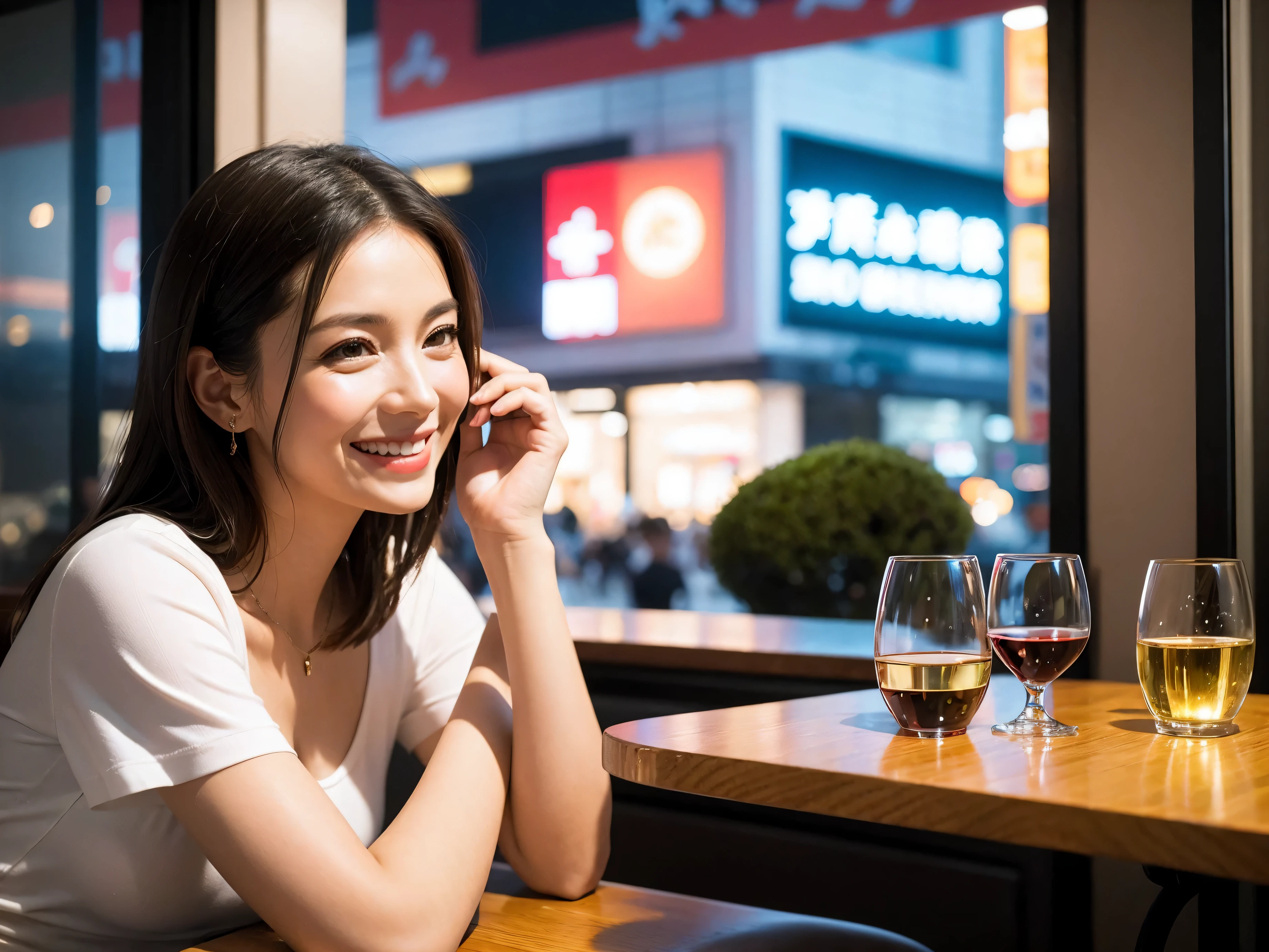((Highest quality、8K、masterpiece:1.3))、1 male 1 female、Slim lover、Beautiful couple、Smile、full-course dinner、 (Slim face), (the body is スリム), (Brown Hair), (Shortcuts), ((Bob Hale、Straight hair:1.2)), テーブルの上のwine glass、Shine light on your face、 Amazing view of the sunset sky and clouds、The beauty of a smile、Bright image、Blushing, Shortcuts, (43 years old), 39 years old, Appetizers、Italian food、Wine bottle、Champagne、sparkling wine、Long sleeve shirt、dress、Attractive beauty、restaurant, Nova Frog Style, actress, model, Upper Body, White wine, red wine, wine glass,