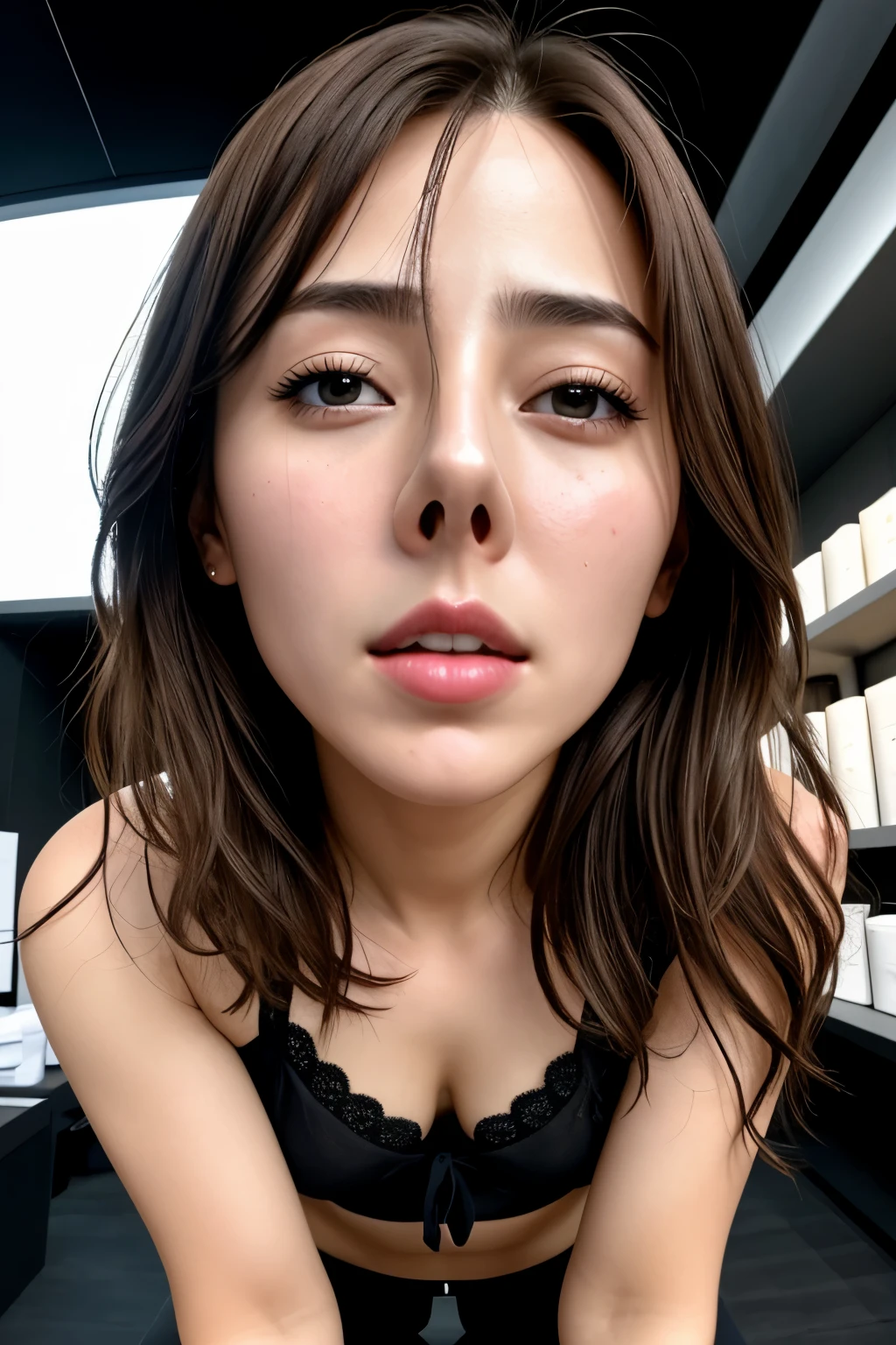 1girl in.masutepiece,,award - winning photo, Extremely detailed, sharp focus on eyes, Nose and Mouth,Face Focus, Woman with mouth open and eyes closed, Black camisole、32years old,A dark-haired、Wrinkles in the eyes：1.0、Symmetrical face,Realistic nostrils、Angle from below、elongated C-shaped nostrils,,,,,,,,,,,,,,,,,,,,,,,,,,,,,,,,,,,,,,,,,,,,NSFW,Inside a Chanel store、Skin shiny with sweatを強調する照明、((sharp nose))Skin shiny with sweat、shinny skin、(Trembling girl)vaginal,,Back,wet and shiny lips、Wide-angle lens distortion removal、(front shot zoom、Raise one&#39;chin、Facing up,)、