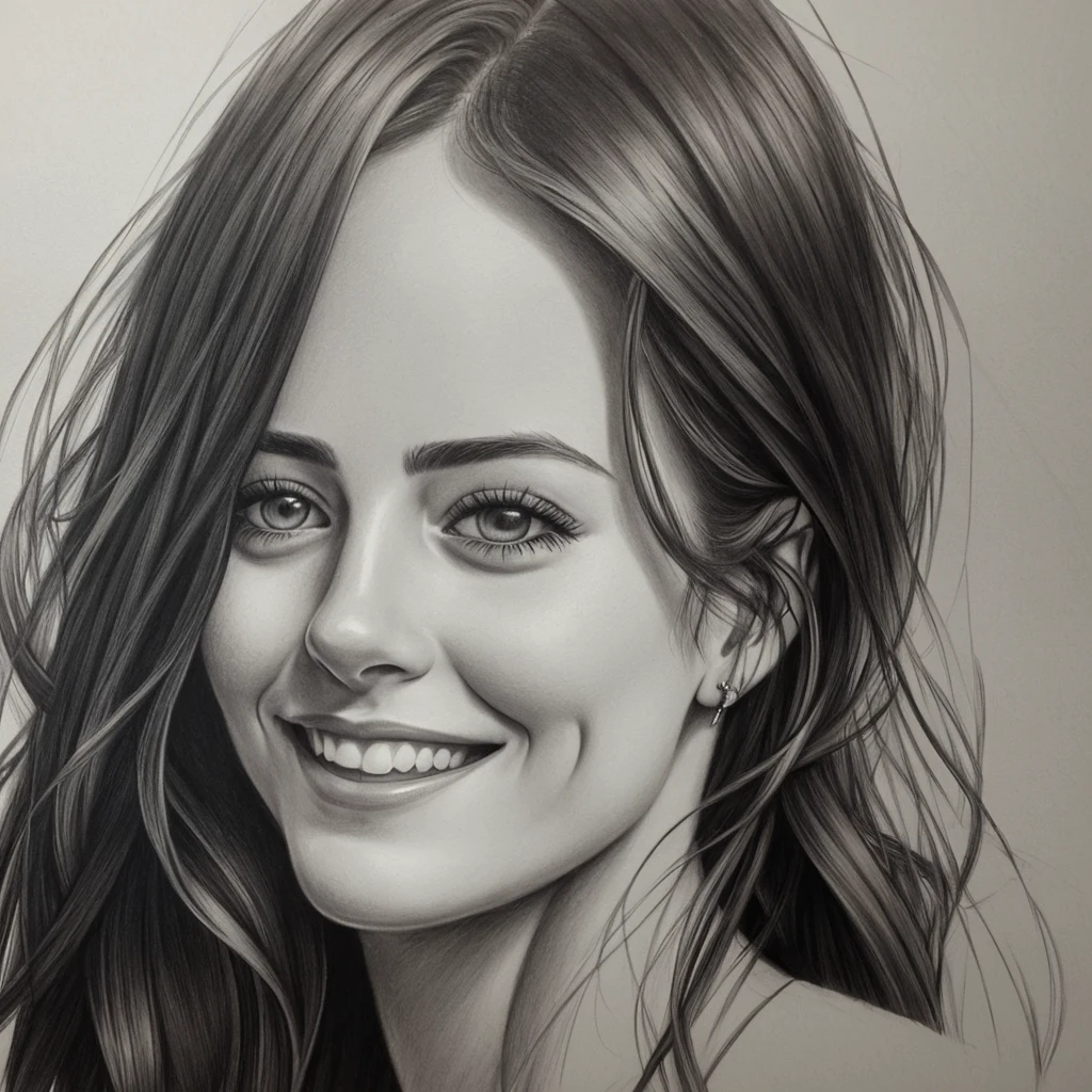 desenho de uma mulher com cabelos longos e um sorriso no rosto, realistic sketch, potrait de um rosto feminino, Realistic portrait, retrato feminino realista, master part! Retrato de Arwen, retrato feminino do rosto, retrato de rosto detalhado realista, retrato bonito detalhado, charcoal portrait, hyperrealistic sketch, fine art sketch, Retrato Anime Kaya Scodelario, rendering of close up portrait