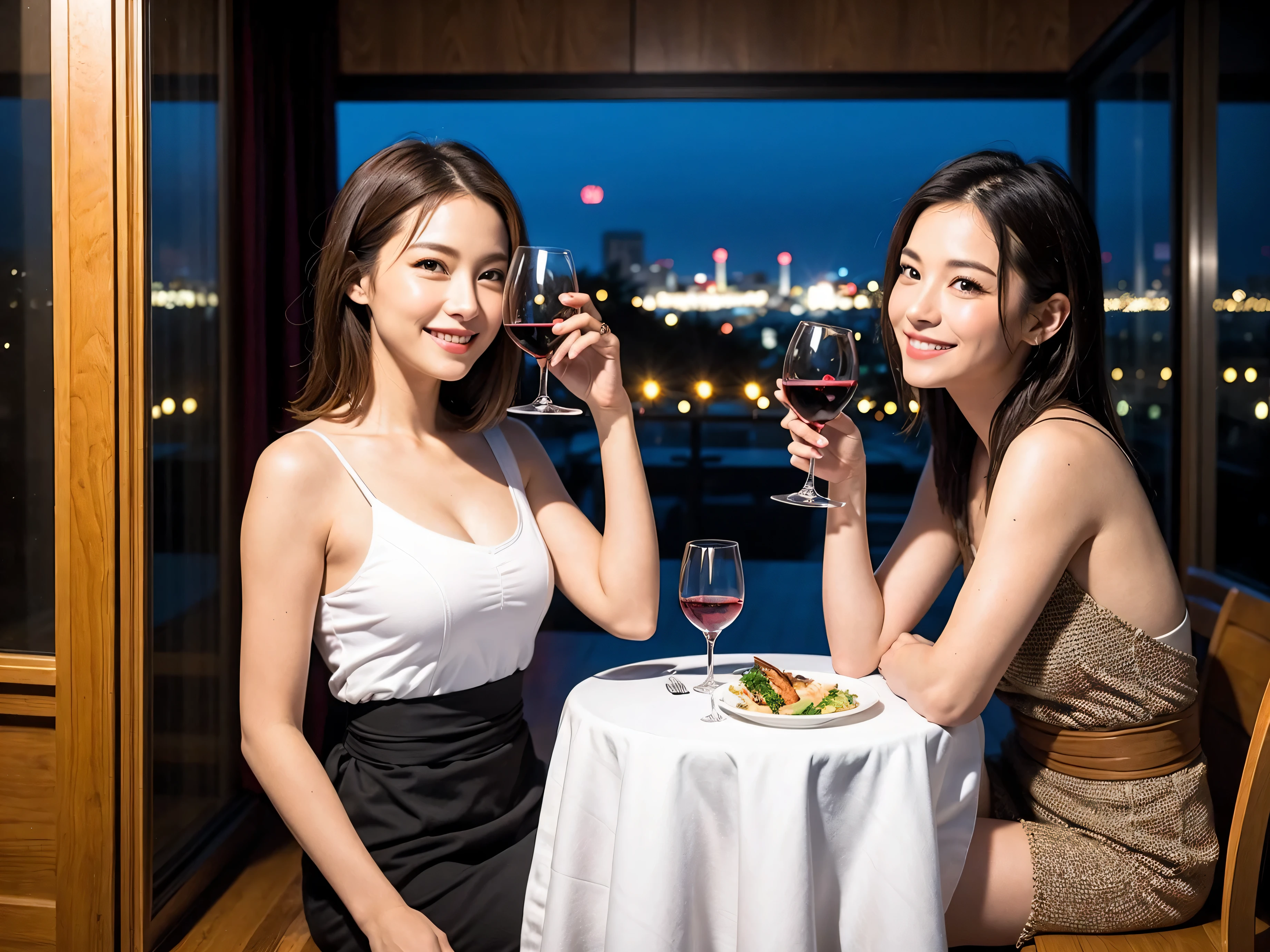 (64k uhd, nffsw, of the highest quality, masutepiece: 1.2), (Realistic, Photorealistic: 1.37), Pretty Woman 1, (Slim Face), (slimボティ), (Brown hair), (short-cut), Americana、Frenchman、cheeks blush a little, (40 years old), 38 years, Solo, A beautiful and detailed night view spreads out outside the window..........., restaurant, wine glassesに座って, At night, In a prominent place (from waist up) NovaFrogStyle, actress, Model, waist-up, white wine, slim, wine glasses, Super clean night view, 真ん中に置かれたwine glasses, Happy smile, (Smile: 1.15), Beautiful fine eyes, Upper body, Bust Japan Up, Night, Short, Short, actress, Model, waist-up, white wine, slim, wine glasses, Super clean night view, 真ん中に置かれたwine glasses, Happy smile,