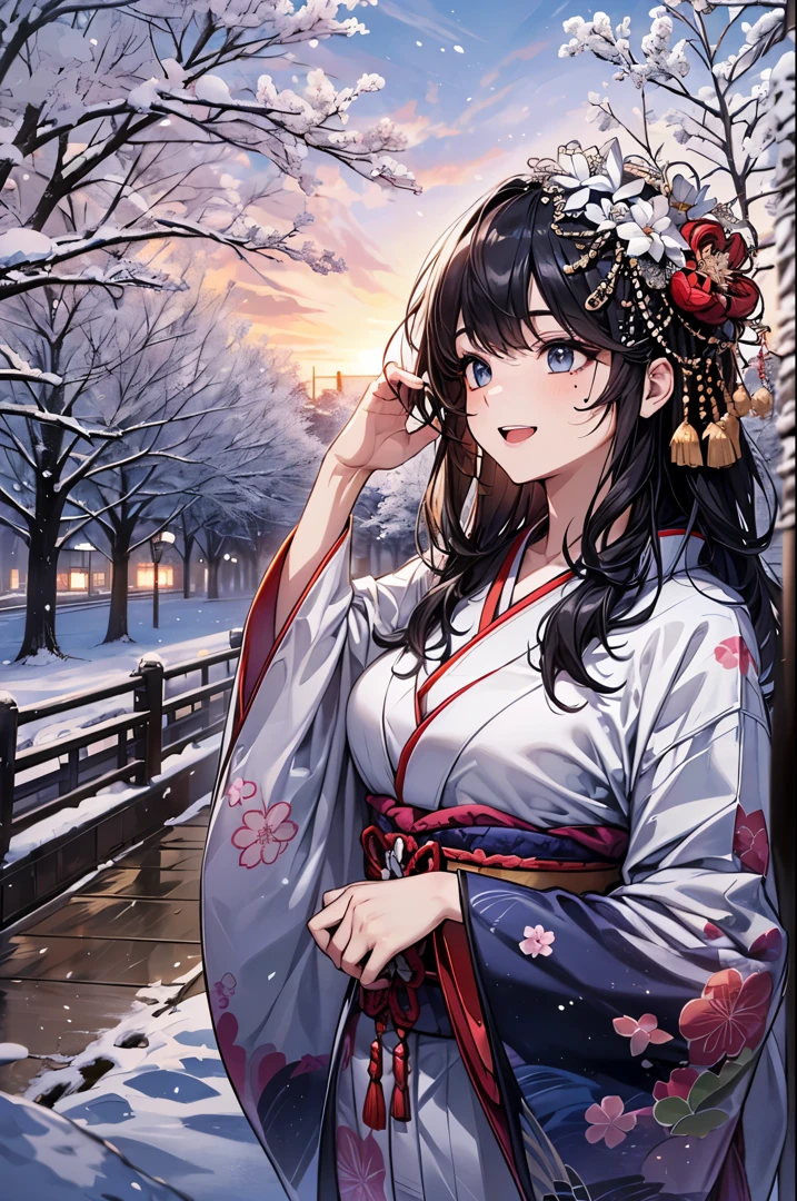 ((perfect anatomy, anatomically correct, super detailed skin)),
1 girl, japanese, high school girl, shiny skin, large breasts:0.5, looking away, looking up, watching the view, from below,
beautiful hair, beautiful face, beautiful detailed eyes, (middle hair:1.5, japanese hair:1.5), black hair, blue eyes,
beautiful clavicle, beautiful body, beautiful chest, beautiful thigh, beautiful legs, babyface, mole under eye,
((red floral kimono, hair ornament)),
((smile:1.5, open your mouth wide)), walking,
(beautiful scenery), winter, dawn, (new year's day, first visit), hokkaido, sapporo, outside hokkaido shrine, crowd, snow, snowfall:1.5, freezing weather, frost,
(8k, top-quality, masterpiece:1.2, extremely detailed), (photorealistic), beautiful illustration, cinematic lighting,