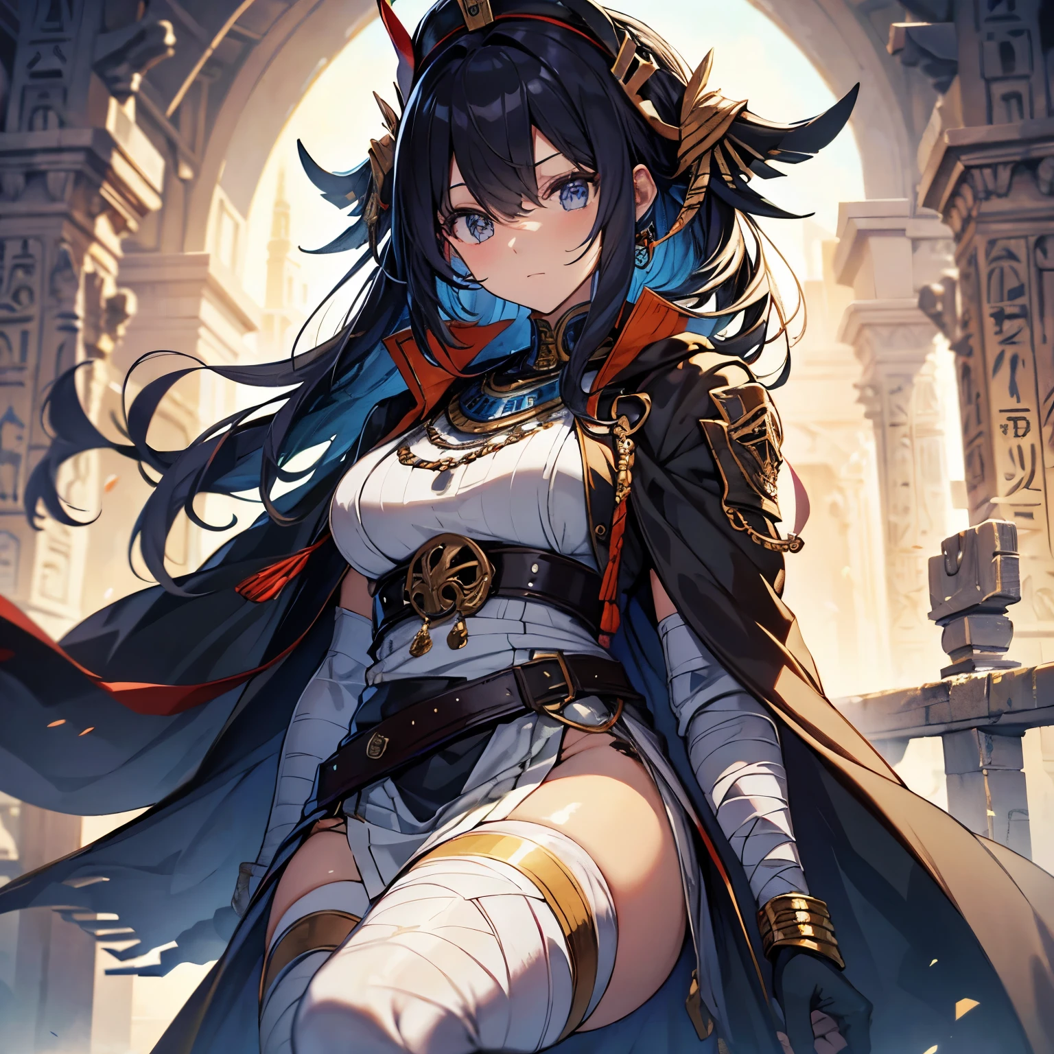 best qualityer,tmasterpiece,Ultimate resolution,downy,Extremely colorful,Colorful,Ancient Egyptian mummy beauty,Beautiful woman wrapped in bandages,Bandages all over the body,Normal posture