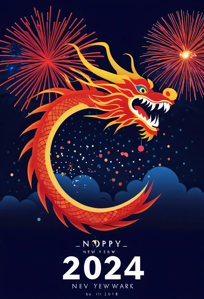 Holiday poster:(2024,new year poster),(new year&#39;New Year&#39;s Eve 2024), (fire works:1.2), nigh sky,chinesedragon,maximalist