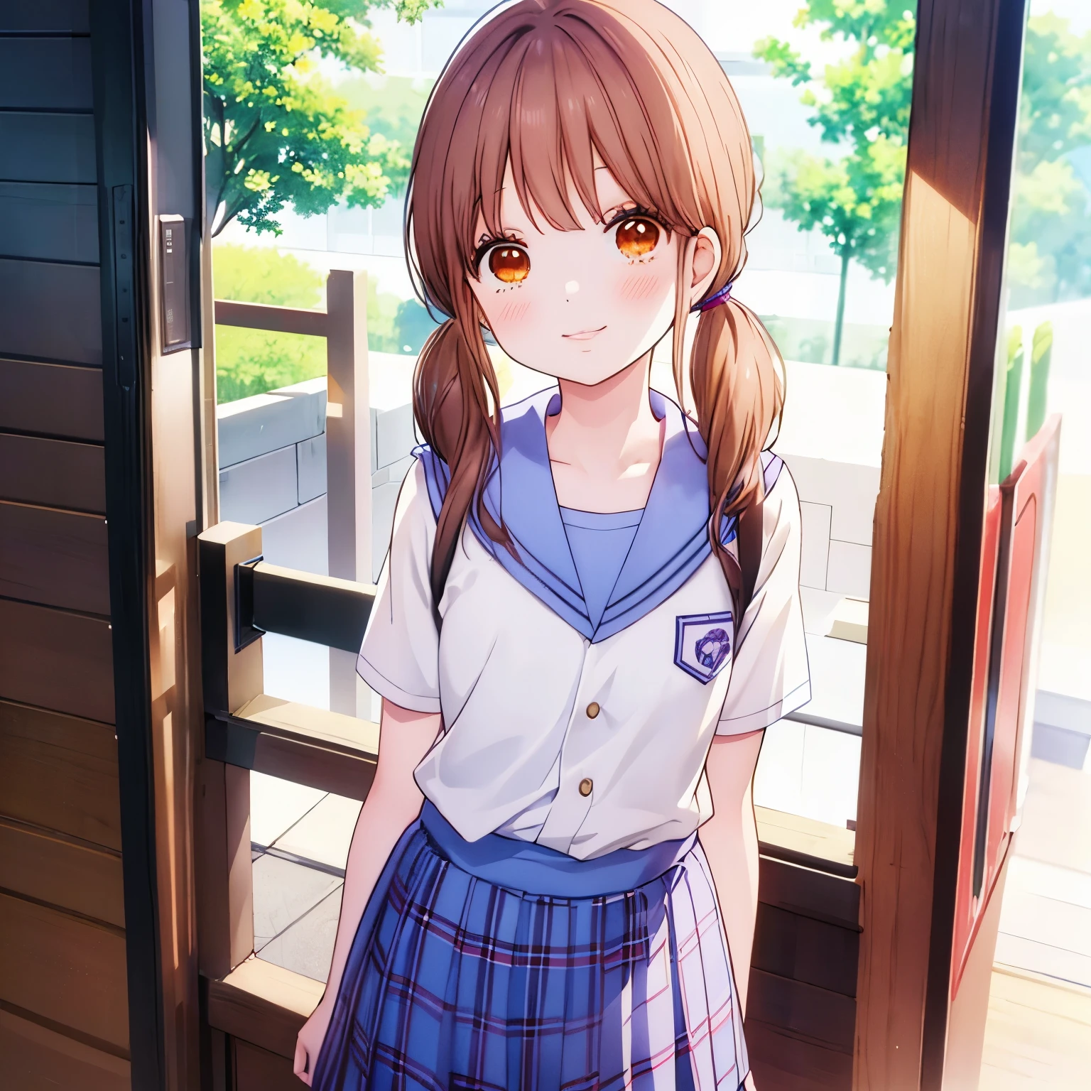 masutepiece, my story、Best Quality, Movie Still, look for Yamato、front-facing view、A smile、high-school uniform、White shirt、The collar is light blue、purple plaid skirt、1girl in, Solo, Looking at Viewer, look for＿Yamato, Brown hair, absolute reference to center、Brown eyes, low twintails, 4K resolution、Arms behind your back、Cowboy Shot、恋してるA smile