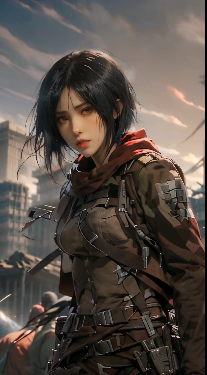 a close up of a person holding a sword in a field, mikasa ackerman, from attack on titan, attack on titan covert art, in attack on titan, attack on titan anime style, attack on titans, attack on titan, (attack on titans anime), shingeki no kyojin, snk, barack obama in attack on titan,Attack on Titan heroine Mikasa Ackerman,with short black hair,Short hair,warrior combat uniform,black color hair,Short hair
