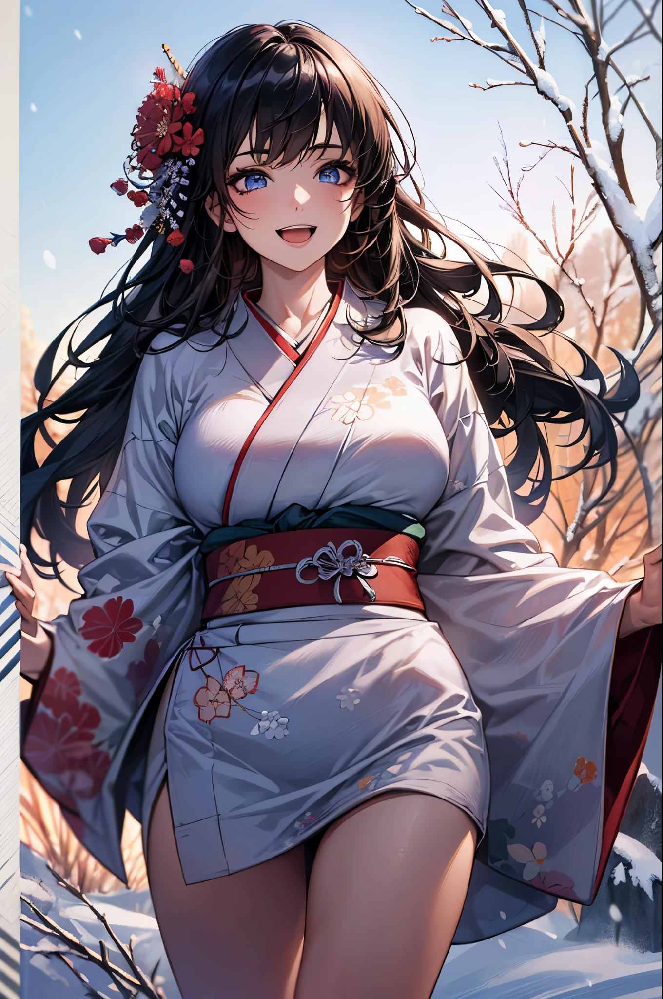 ((perfect ???????, anatomically correct, super detailed skin)), 
1 girl, japanese, high school girl, shiny skin, large breasts:0.5, looking away, looking up, watching the view, from below, 
beautiful hair, beautiful face, beautiful detailed eyes, (middle hair:1.5, japanese hair:1.5), black hair, blue eyes, 
beautiful clavicle, beautiful body, beautiful chest, beautiful thigh, beautiful legs, babyface, mole under eye, 
((red floral kimono, hair ornament)), 
((smile:1.5, open your mouth wide)), walking, 
(beautiful scenery), winter, dawn, (new year's day, first visit), hokkaido, sapporo, outside hokkaido shrine, crowd, snow, snowfall:1.5, freezing weather, frost, 
(8k, top-quality, masterpiece​:1.2, extremely detailed), (photorealistic), beautiful illustration, cinematic lighting,