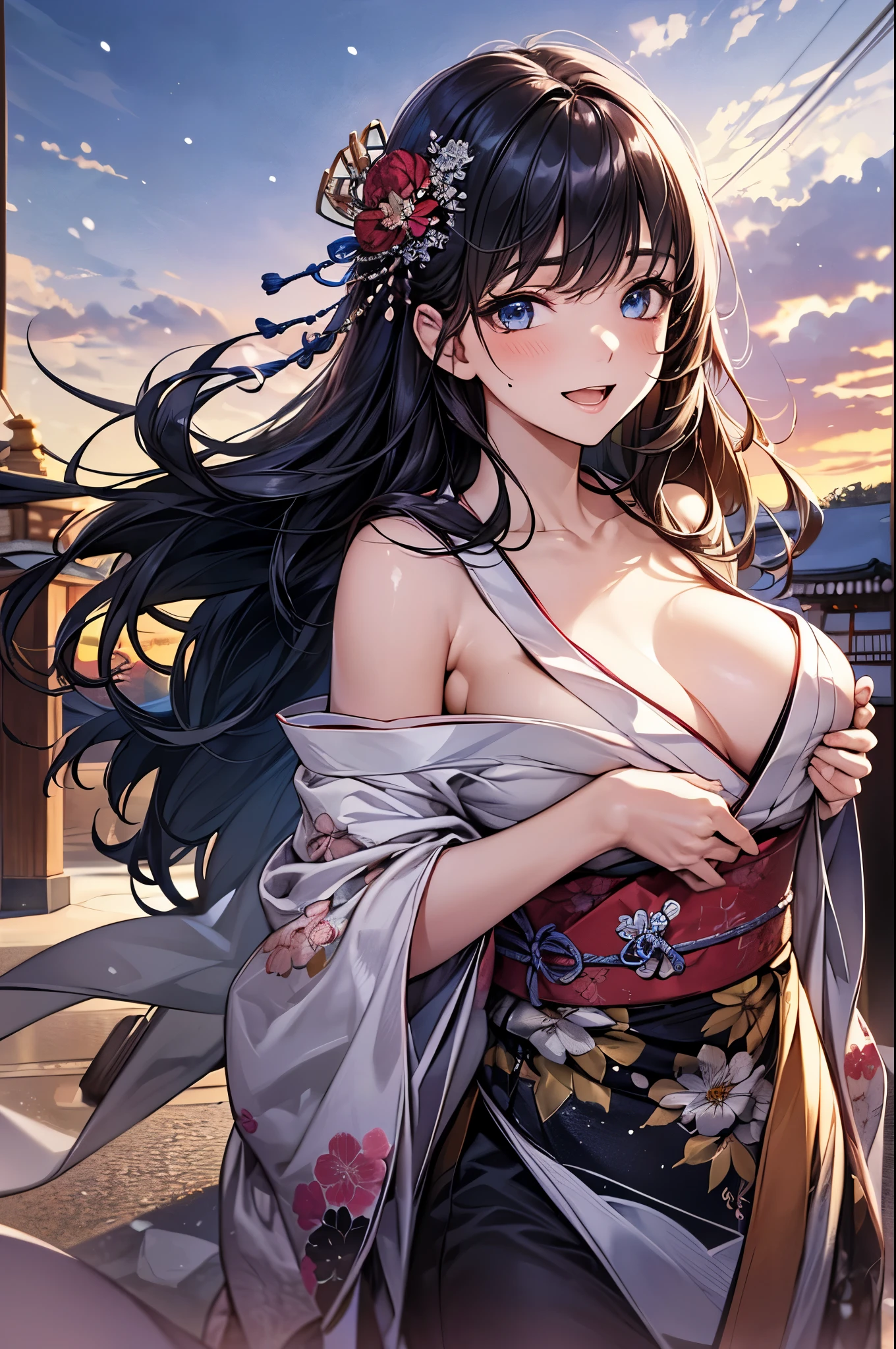 ((perfect anatomy, anatomically correct, super detailed skin)),
1 girl, japanese, high school girl, shiny skin, large breasts:0.5, looking away, looking up, watching the view, from below,
beautiful hair, beautiful face, beautiful detailed eyes, (middle hair:1.5, japanese hair:1.5), black hair, blue eyes,
beautiful clavicle, beautiful body, beautiful chest, beautiful thigh, beautiful legs, babyface, mole under eye,
((red floral kimono, hair ornament)),
((smile:1.5, open your mouth wide)), walking,
(beautiful scenery), winter, dawn, (new year's day, first visit), hokkaido, sapporo, outside hokkaido shrine, crowd, snow, snowfall:1.5, freezing weather, frost,
(8k, top-quality, masterpiece:1.2, extremely detailed), (photorealistic), beautiful illustration, cinematic lighting,