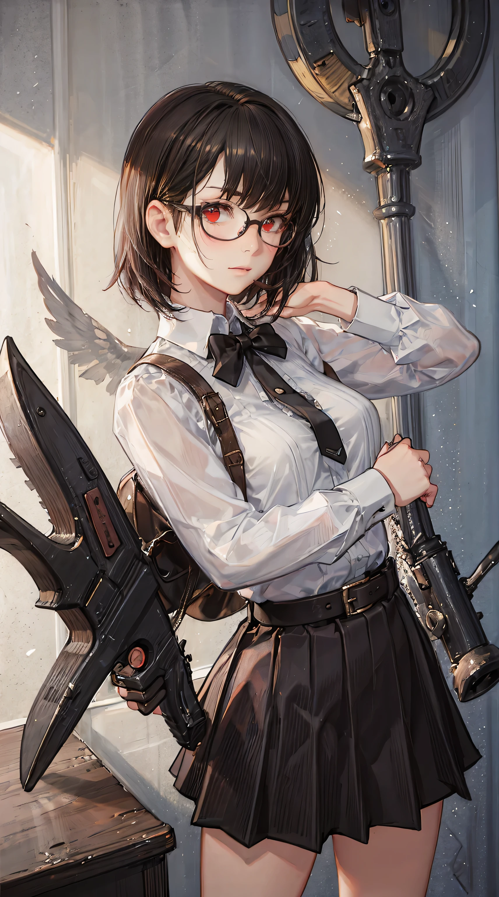 (masterpiece, best quality: 1.2), yoru(chainsaw man),(very detailed face, real image, realistic skin, realistic body, intricate details), red eyes (intimidating look), light blush, social clothing, semi-open button-up shirt (White), white bra, Skirt (black), black belt with buckle, short hair, glasses, small breasts, close-up, large thighs, classroom, blackboard.