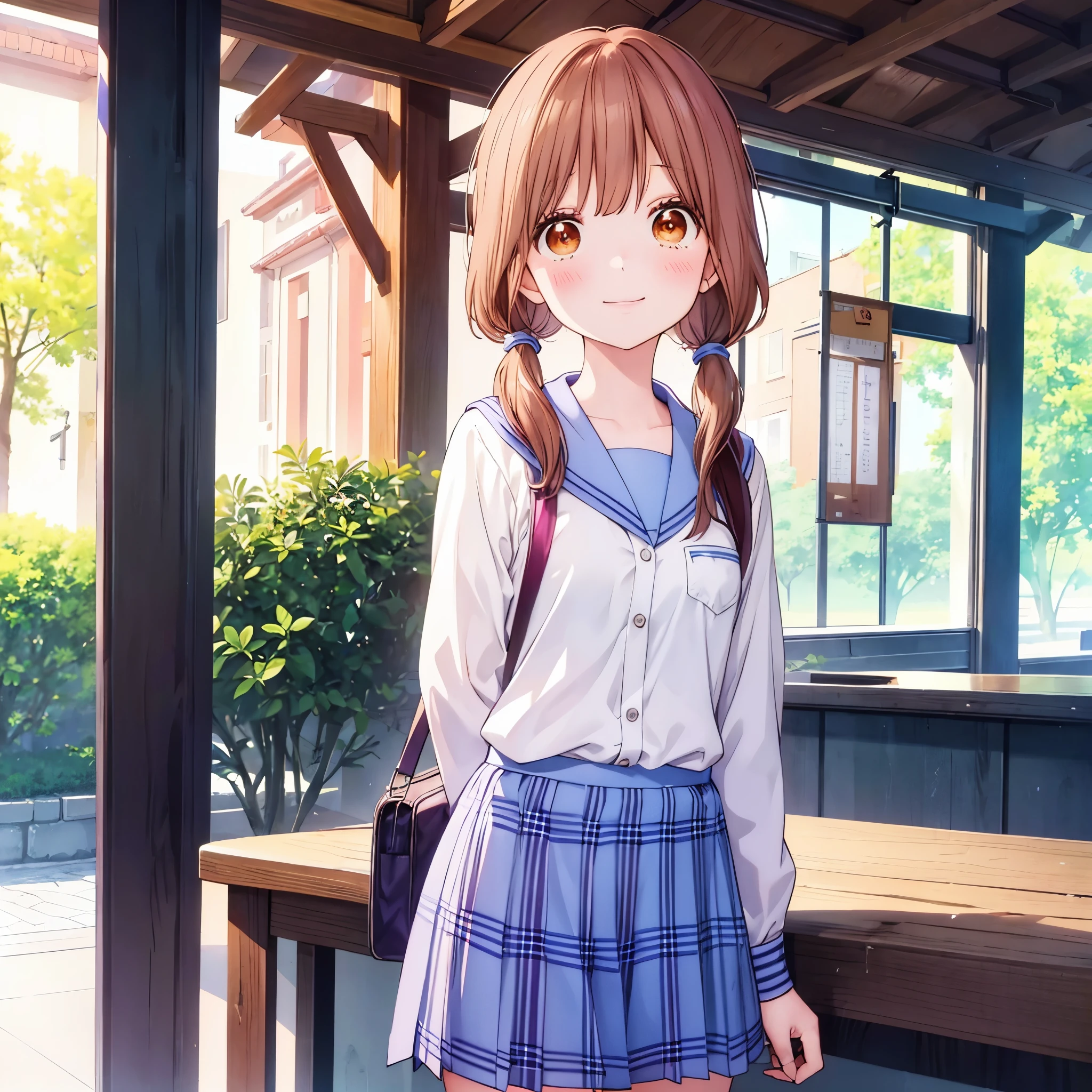 masutepiece, my story、Best Quality, Movie Still, Rinko Yamato、front-facing view、A smile、high-school uniform、White shirt、The collar is light blue、Purple plaid skirt、1girl in, Solo, Looking at Viewer, Rinko＿Yamato, Brown hair, absolute reference to center、Brown eyes, low twintails, 4K resolution、Arms behind your back、Cowboy Shot、恋してるA smile