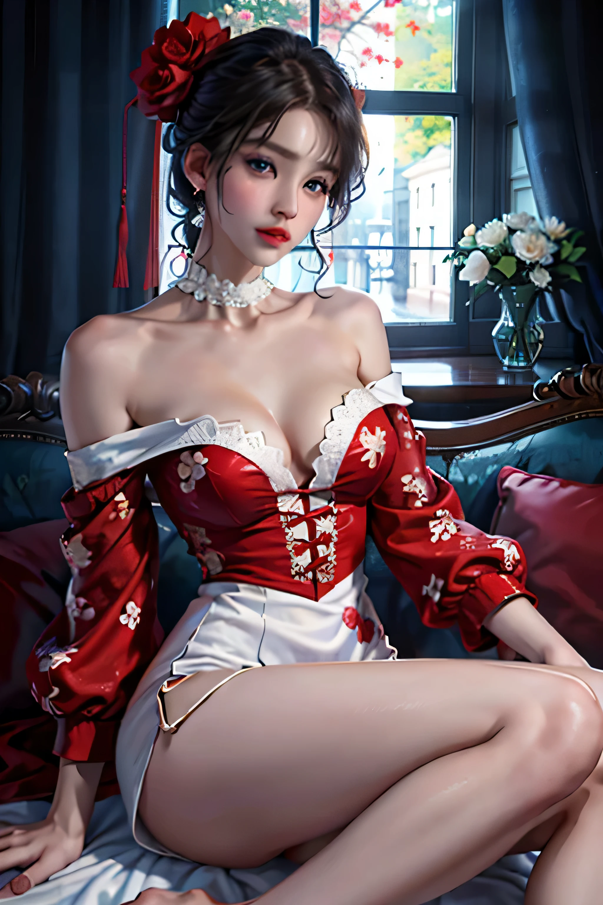 1girl in,top-quality、超A high resolution、(Photorealsitic:1.4)、blue eyess、Look at viewers、red blush、Off-shoulder white dress with floral print