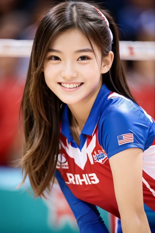 top-quality、masterpiece、hight resolution、4K、real 18 year old woman、Volleyball Costumes、a smile、Semi-long hair、1girl in、
