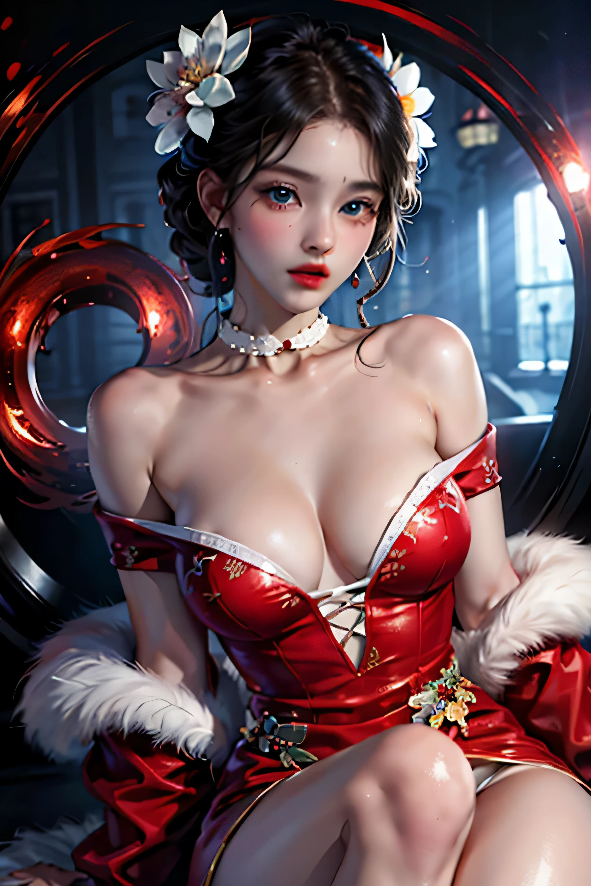1girl in,top-quality、超A high resolution、(Photorealsitic:1.4)、blue eyess、Look at viewers、red blush、Off-shoulder white dress with floral print