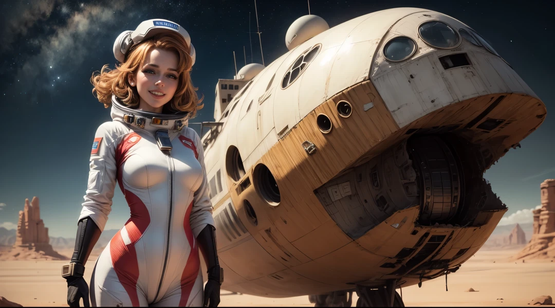 Pechos enormes, A one woman in a spacesuit wearing a spacesuit wearing a space cap standing next to a crashed sci-fi spaceship., Artistic trends, Cara femenina realista, sonriendo, sonrisa abierta. se ven los dientes , Cara delicada y atractiva, Arte mate, amarillo , se parece un poco a Amy Adams, desierto rojo Marte, Kylie Minogue como Barbarella, El estilo de Ian Hubert, Mapa Patreon, Colores de los 70, valeriana, con dientes, Nave espacial volando al fondo, Vista de cuerpo completo