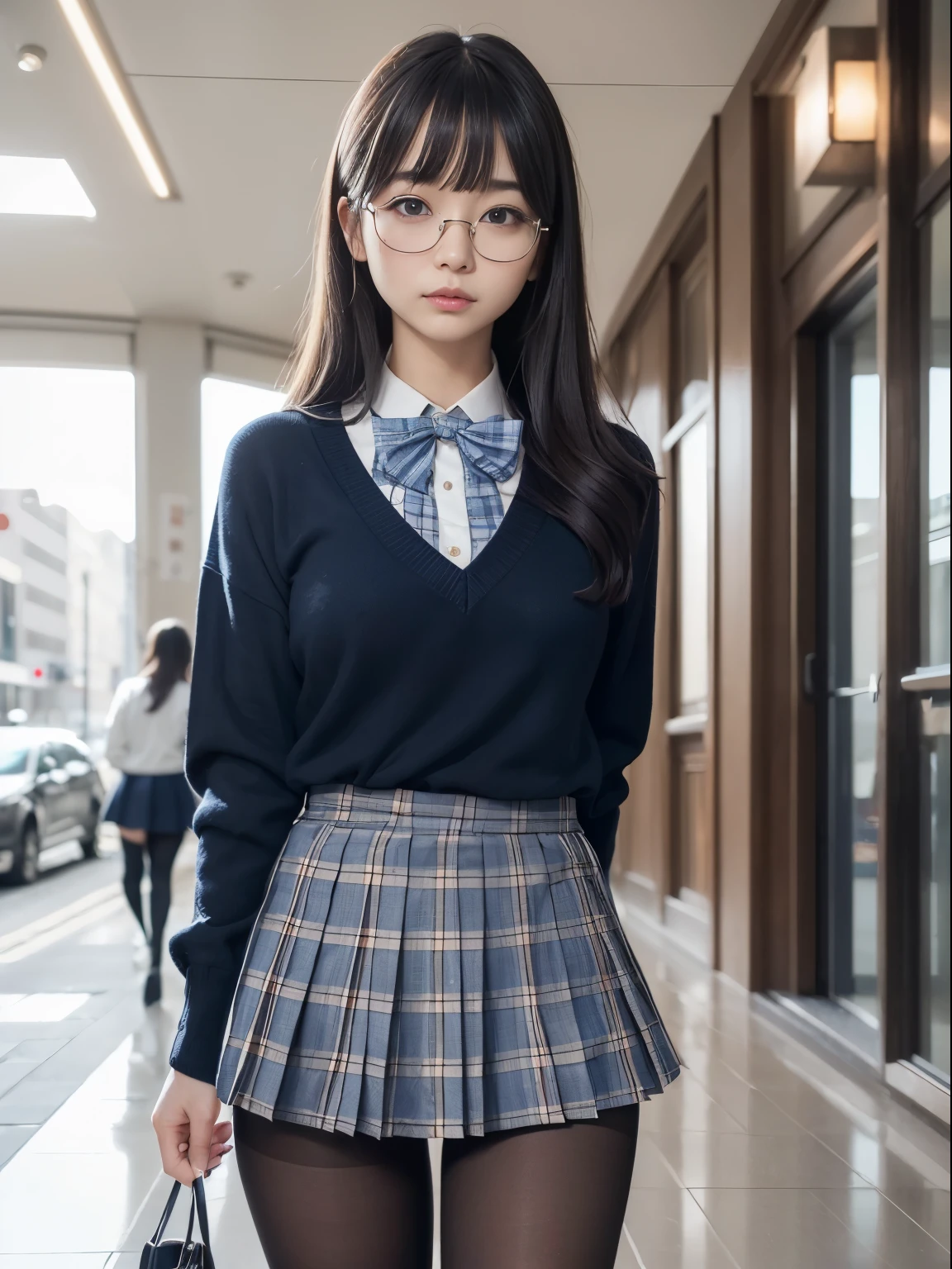 (I see underwear)、((細いThe eye))、((細いThe eye))、((細いThe eye))、(8K、生a picturegraphy、top-quality、​masterpiece：1.2),、Has a small、(flat breast)、(flat breast)、(flat breast)、(flat breast)、(flat breast)、(being thin)、light skinned、skin whitening、Dark look、Rasping,glamor,light skinned肌,cocky,School,watching at viewers,Looking at the front,Muchimuchi,High-pitched clothing,Erotic,Pupils,de pele branca,kne,((Black pantyhose)),absurderes,a small face,,Forehead visible,Bangs hanging from the left and right sides of the forehead,(a cold expression,The eyeがきつめ,glares,Bullish,irate)、​masterpiece,top-quality、超A high resolution,生a picture,ren,Beautiful fece,One Person, 独奏,eye glass,,Dark look,Small breasts,fullllbody,(まるeye glass),JK school uniform,hi-school girl,A Japanese Lady, （Photorealsitic：1.37）、Photon mapping,Realistic、Beautie,Cute little face,ブラウンThe eye、Black socks、(Red bow tie)、Radio City、Physically Based Rendering、depth of field rally background、a picture,Body,beauty legs, Long legs, Thin leg,(Bangs are visible), hair, s lips, Blue_The eye, nosesoft,(Light blue shirt), (Navy and blue and white plaid pleated skirt), kneが見える,Sheer clothing,, Thigh, Black cotton socks,Nogizaka Idol, , Japanese ido