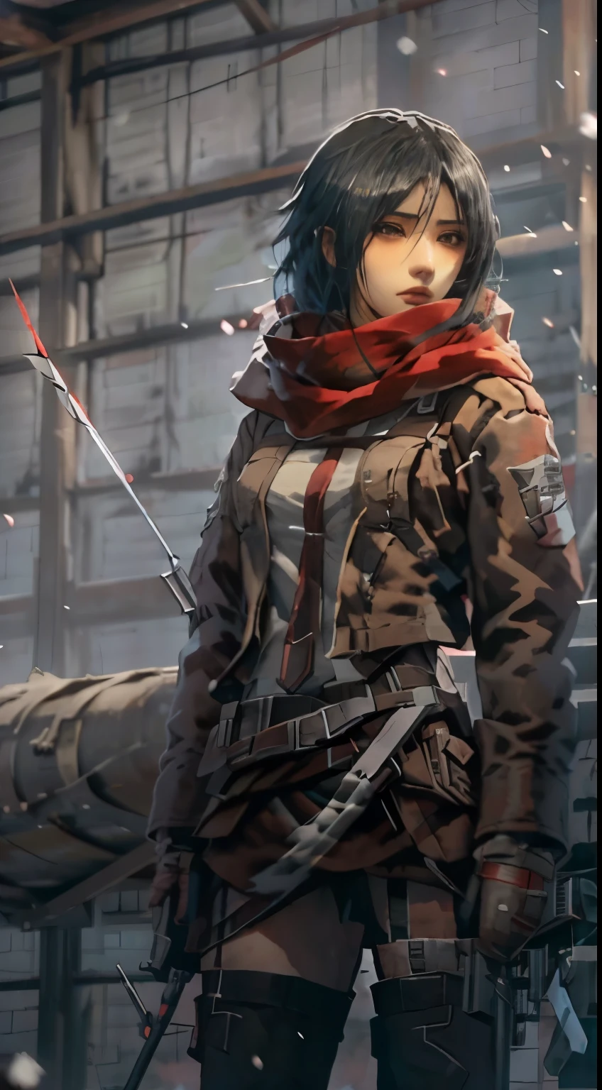 anime girl with sword and red scarf standing in the snow, female protagonist 👀 :8, from girls frontline, anime girl with a bow and arrow, from arknights, kantai collection style, fine details. girls frontline, girls frontline style, female action anime girl, female protagonist, mikasa ackerman, girls frontline cg, from attack on titan,Attack on Titan heroine Mikasa Ackerman,with short black hair,Short hair,warrior combat uniform,black color hair,Short hair