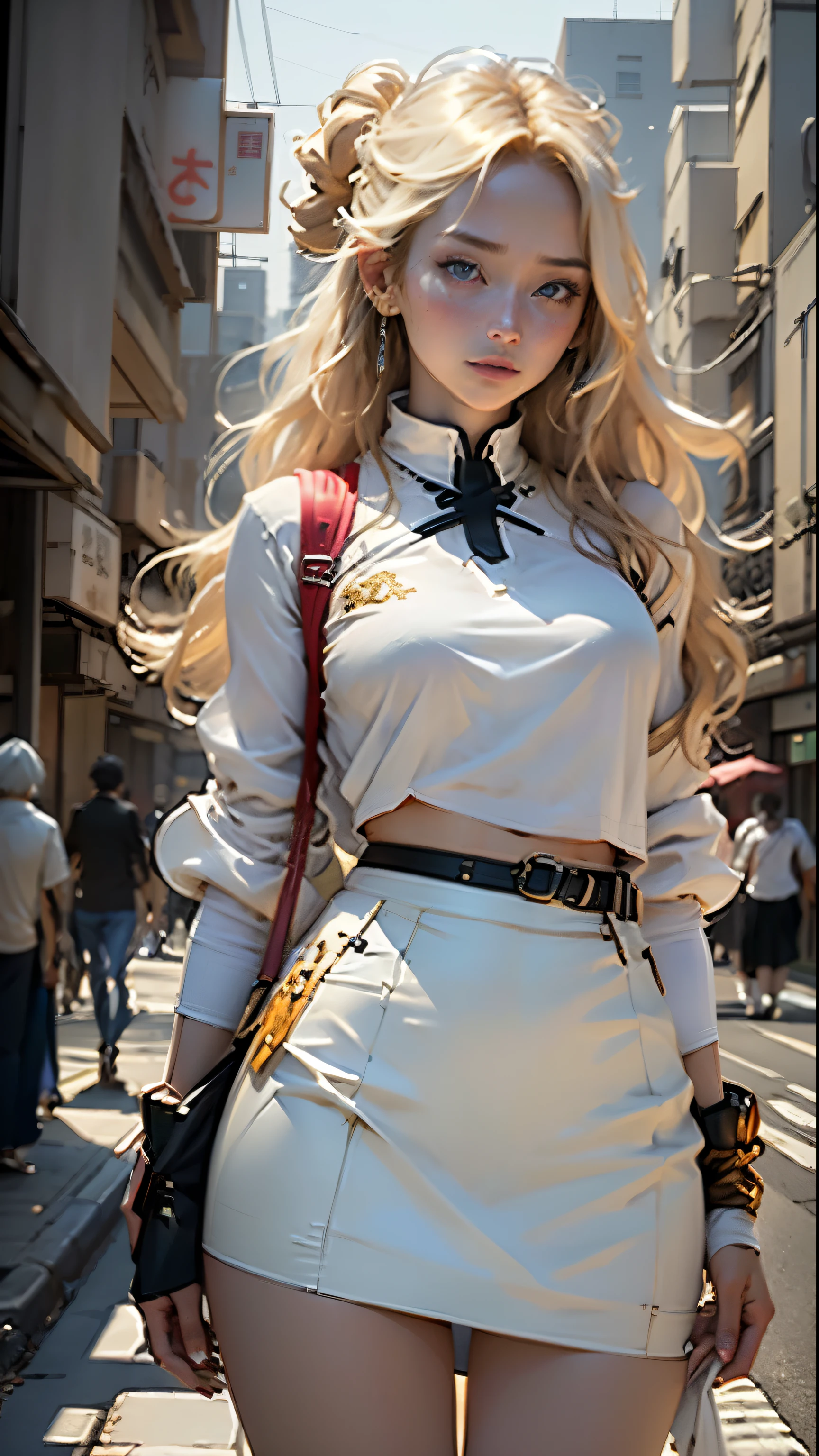 Masterpiece, Best Quality, 8K, Photographic reality, realisitic, Octane rendering, Bustling city streets in Japan (1 woman: 1.4), (Only one woman on the screen: 1.3), (White shirt), (Long golden hair), (Hip wrap skirt), (Blue Eyes) Upper body display