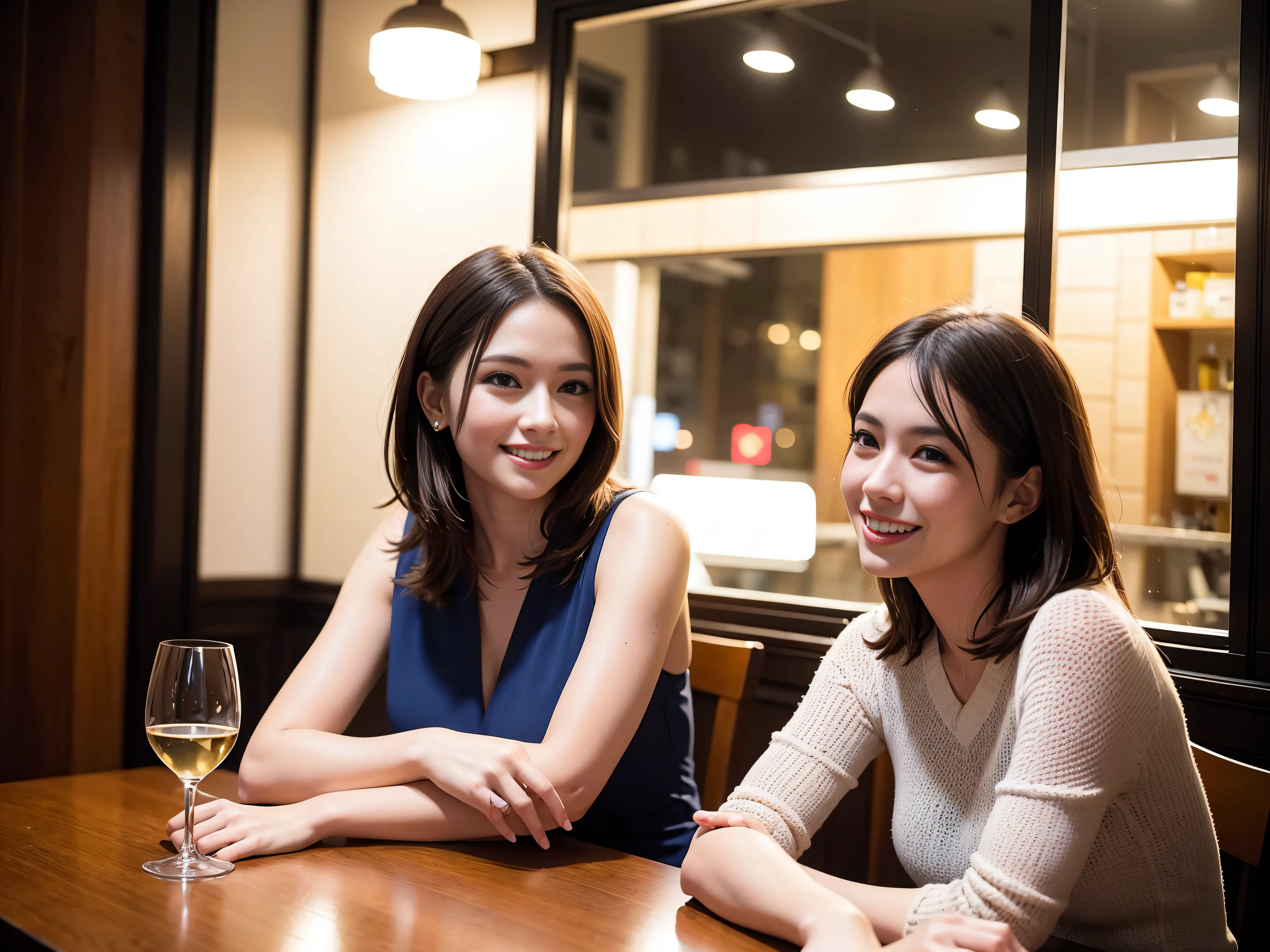 (64k uhd, nffsw, of the highest quality, masutepiece: 1.2), (Realistic, photoRealistic: 1.37), Dutchman、Italian、Frenchman, (Slim Face), (slimボティ), (Brown hair), (short-cut), cheeks blush a little, (35 years old), 38 years, Solo, A beautiful and detailed night view spreads out outside the window.., restaurant, wine glassesが座っている, At night, In a prominent place (from waist up) NovaFrogStyle, actress, Model, waist-up, white wine, slim, wine glasses, Super Clean Night View, wine glasses Put in the Middle, Happy Smile, (Smile: 1.15), Beautiful fine eyes, Upper body, Bust Japan Up, Night, Short, Short, actress, Model, waist-up, white wine, slim, wine glasses, Super Clean Night View, wine glasses Put in the Middle, Happy Smile,