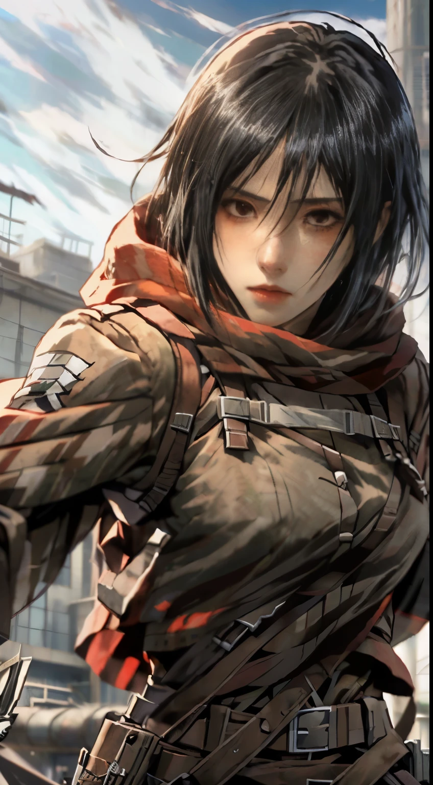 anime girl with a gun and a red scarf on, mikasa ackerman, attack on titan covert art, attack on titan anime style, from attack on titan, shingeki no kyojin, attack on titan, in attack on titan, attack on titans, (attack on titans anime), epic anime style, anime epic artwork, portrait of eren yeager，Attack on Titan heroine Mikasa Ackerman，with short black hair，Short hair，warrior combat uniform，black color hair，Short hair