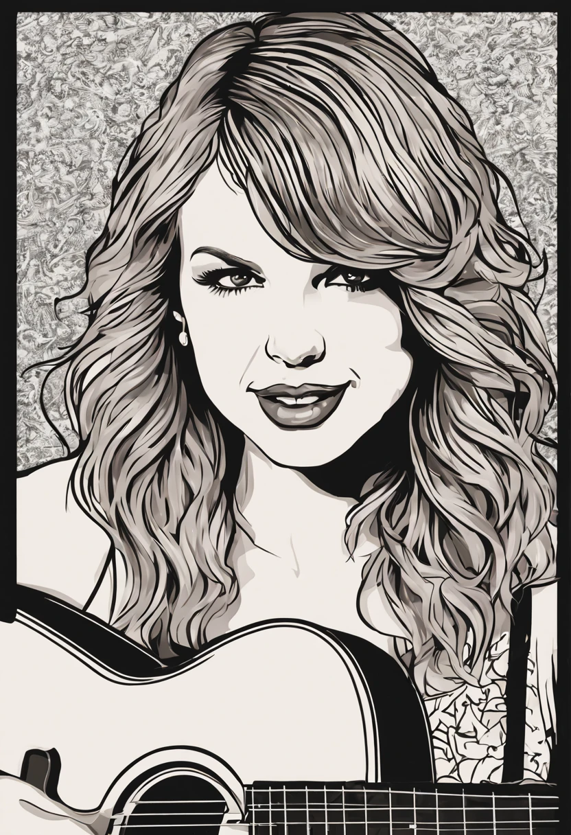 (vector:1.4), Adele, epic, realistic, stroke art, black and white, flowery dress, detailed clothes