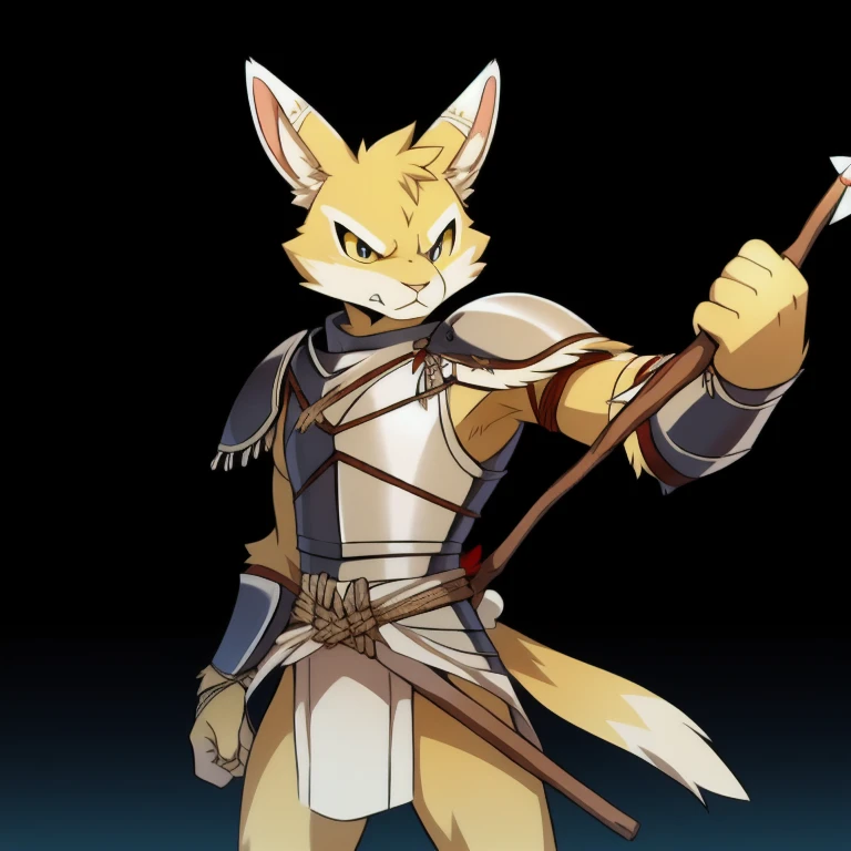 solo, male, rabbit, yellow colored fur, lean body, anthropomorphic rabbit, bow made of bone and silk, bone arrows, wild theme, warrior cloths, sticks tied to form armor, intimidating expression