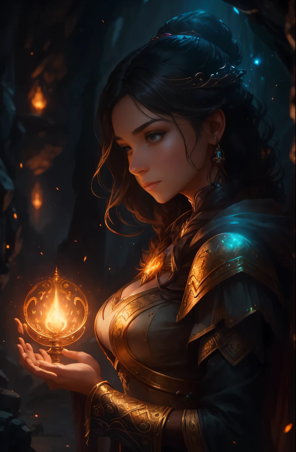 Close-up of a woman holding a glowing object in her hand, fantasy concept art portrait, portrait of a female mage, epic fantasy digital art style, 壮大なFantasyartの肖像画, wojtek fus, Alexandra Fomina Artstation, epic exquisite character art, fanart best artstation, detailed matte fantasy portrait, artgerm and atey ghailan, Fantasyart, Best Quality, Perfect Angle, perfect-composition, Best Shots, Official art, ciinematic light, very beautiful and fantastic scenery, chivalry dream, Female Solo