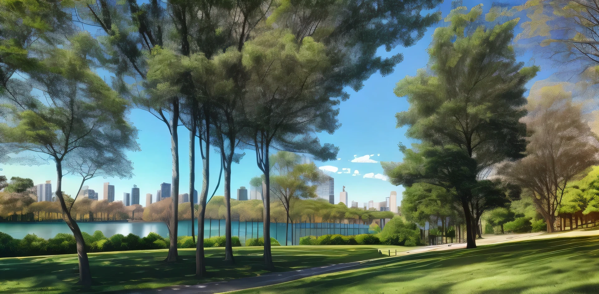 trees line the path in a park with a lake in the background, Sydney Park, Park on a sunny day, park in background, park landscape, in a park and next to a lake, sunny day in a park, wide wide shot, wide wide shot, a park, parks and lakes, with a park in the background, grass field surrounding the city