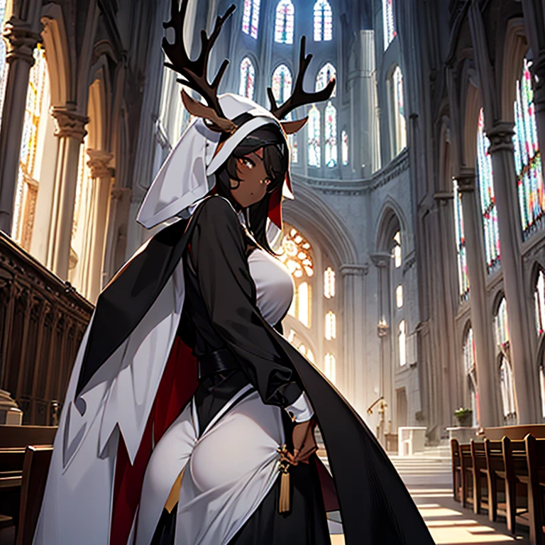 long hair, black hair, (dark skinned female), (nun), big breasts, Big ass, Deer antlers, venus body, church, cathedral,