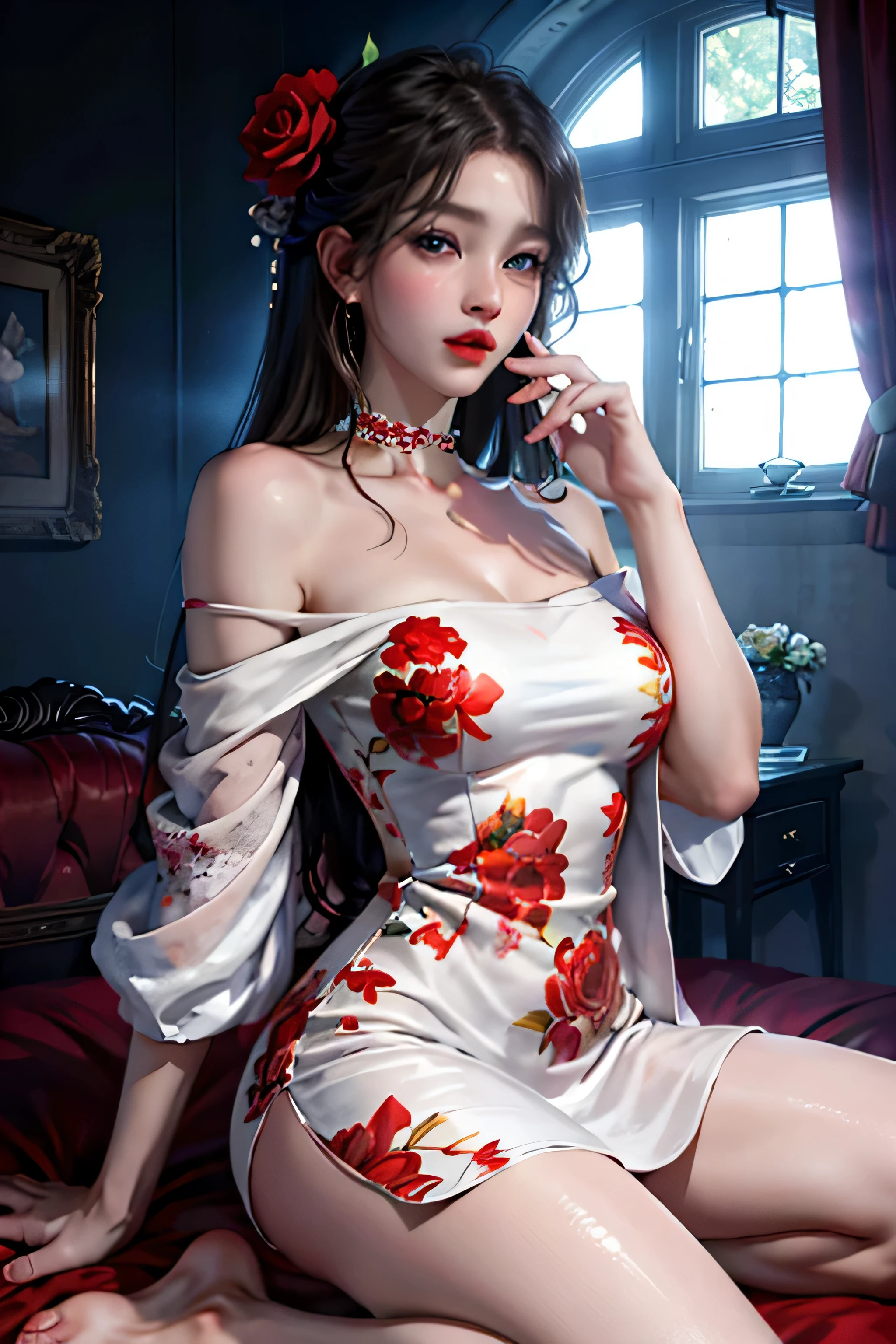 1girl in,top-quality、超A high resolution、(Photorealsitic:1.4)、blue eyess、Look at viewers、red blush、Off-shoulder white dress with floral print