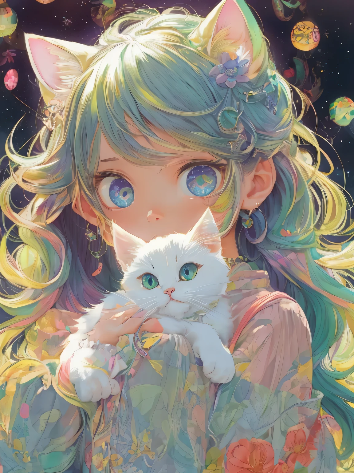 (masutepiece, Best Quality), girl playing with beautiful cat、profile、Clean hair ornament, enticing, big gorgeous eyes, (Detailed eyes, Eyes Like Gems, Sparkling eyes:1.3) , Soft smile, perfect slim fit body, Green sky, (plein air), Bright colors, (Risograph)