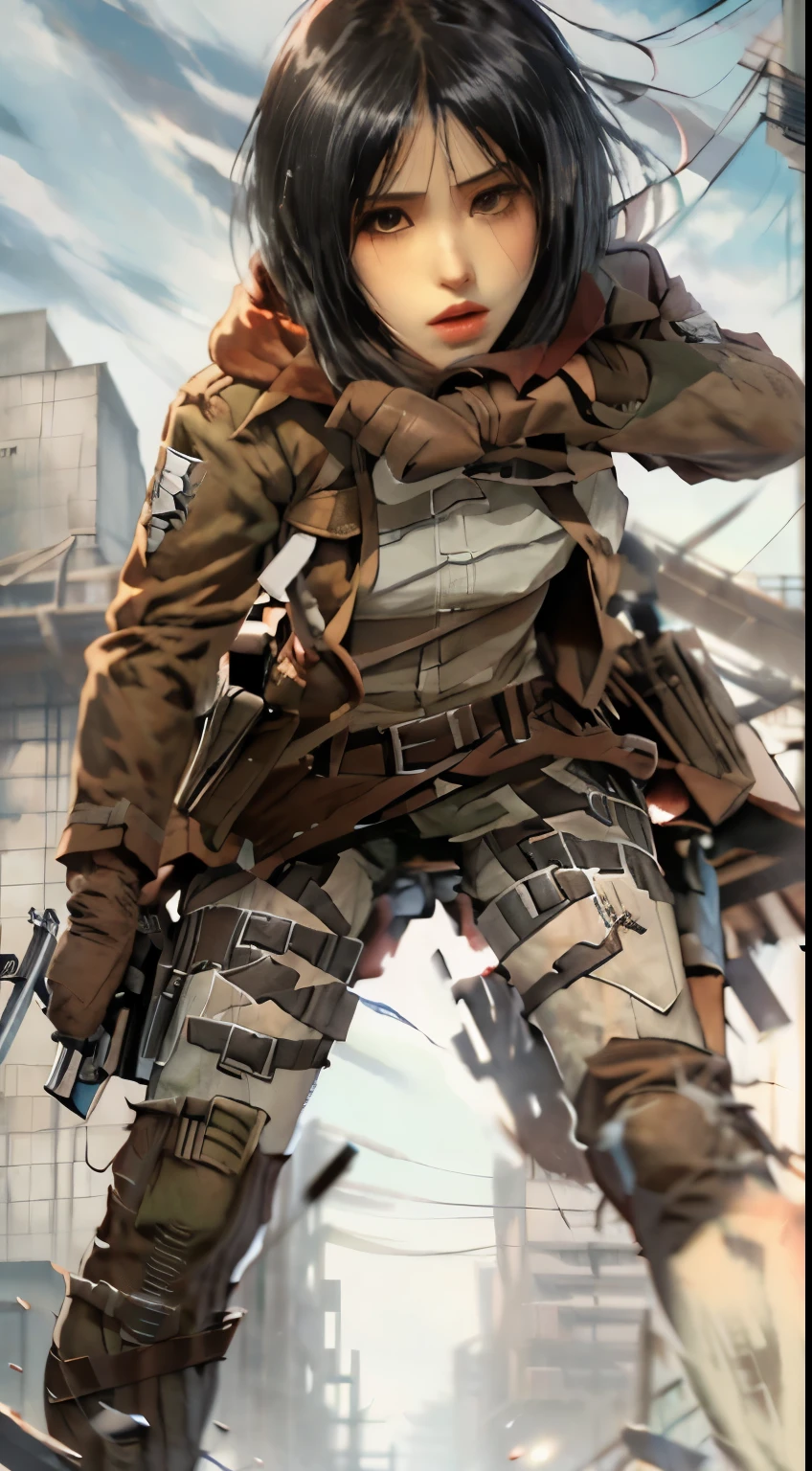 anime girl with gun and gloves on flying through the air, from attack on titan, snk, in attack on titan, annie leonhart, attack on titan covert art, attack on titan anime style, (attack on titans anime), mikasa ackerman, levi ackerman, looking like annie leonhart, eren yeager, female protagonist 👀 :8,Attack on Titan heroine Mikasa Ackerman,with short black hair,Short hair,warrior combat uniform,black color hair,Short hair
