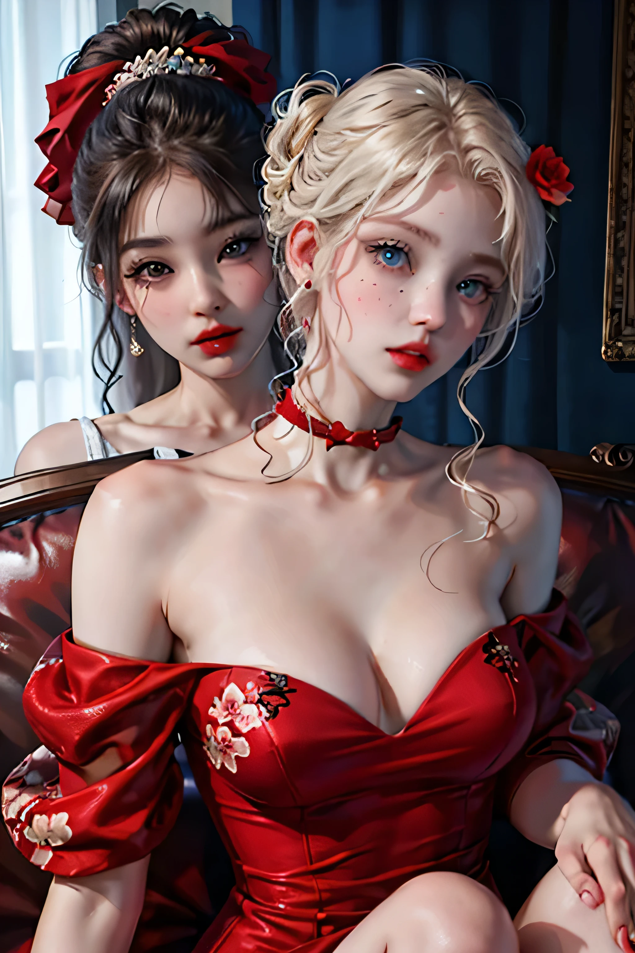 1girl in,top-quality、超A high resolution、(Photorealsitic:1.4)、blue eyess、Look at viewers、red blush、Off-shoulder white dress with floral print