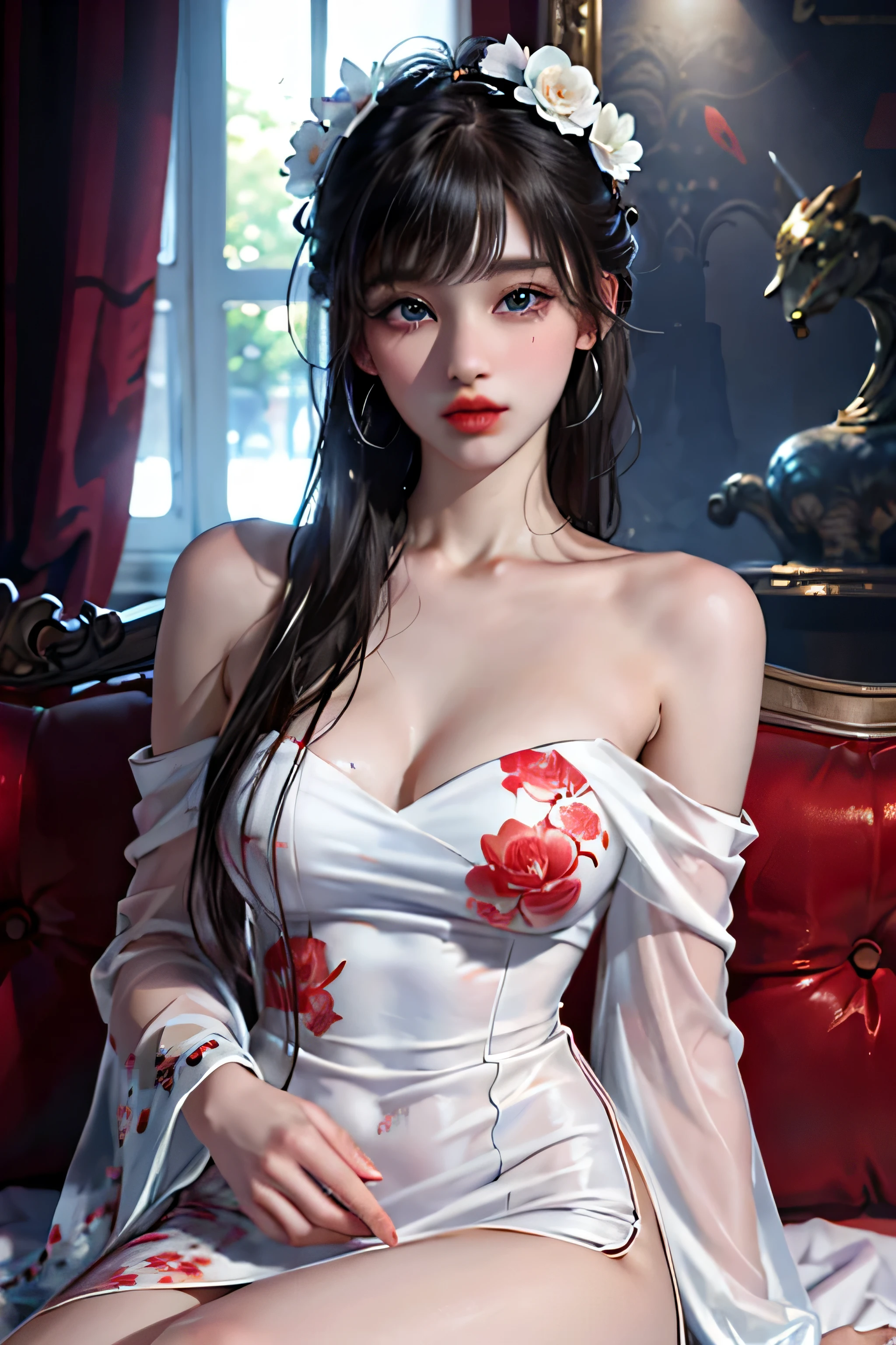 1girl in,top-quality、超A high resolution、(Photorealsitic:1.4)、blue eyess、Look at viewers、red blush、Off-shoulder white dress with floral print
