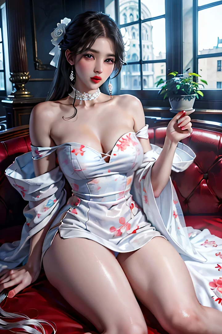 1girl in,top-quality、超A high resolution、(Photorealsitic:1.4)、blue eyess、Look at viewers、red blush、Off-shoulder white dress with floral print