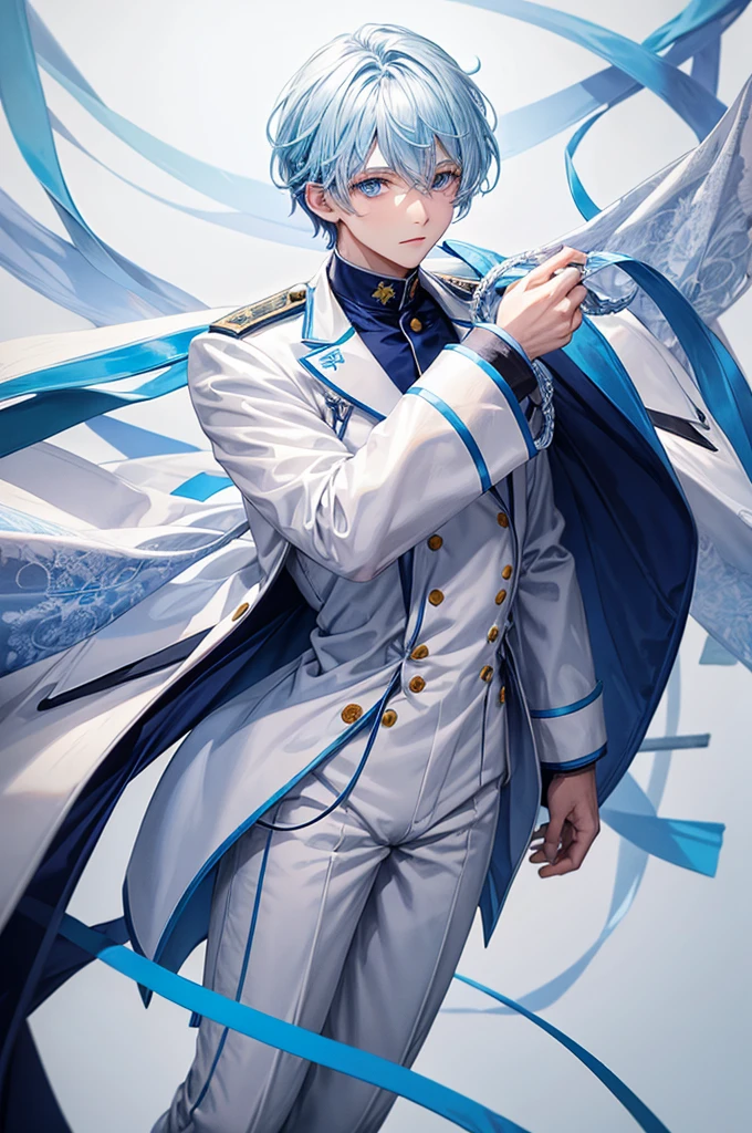 man with light blue hair and blue eyes, white coat, blue and white outfit, navy blue decorations, white high boots, white uniform background, full body, fantasy