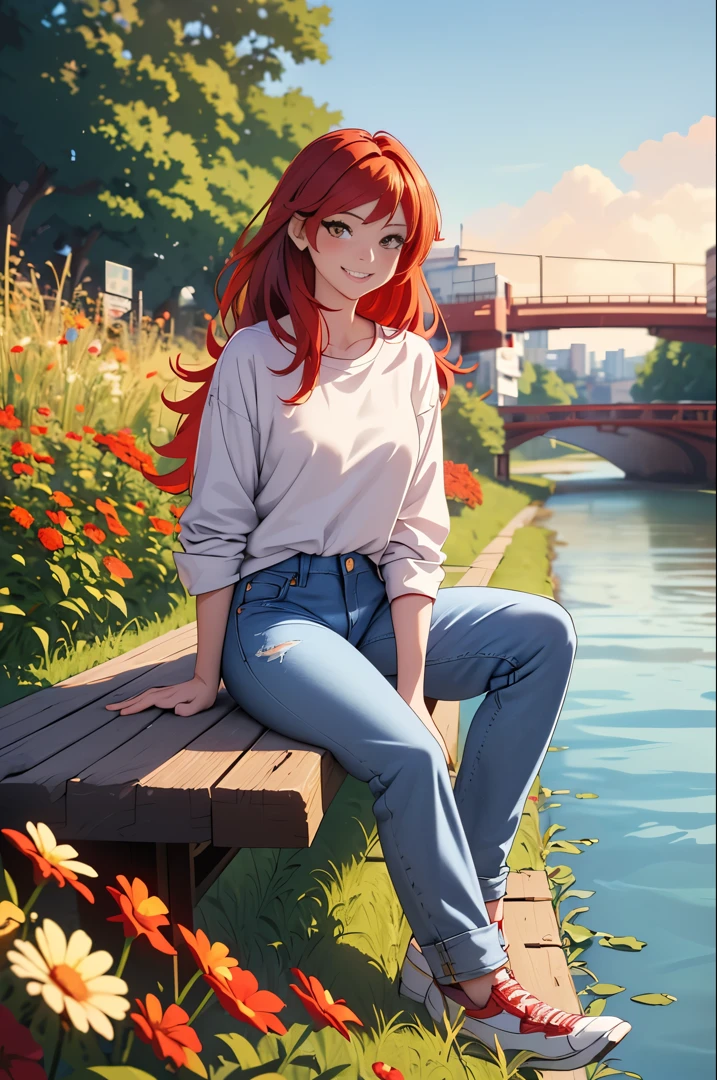 digital art, (girl, red_hair, flowers, baggy jeans, white shirt, discreet smile, cute look), (sitting on a bench, river in the background, golden hour)