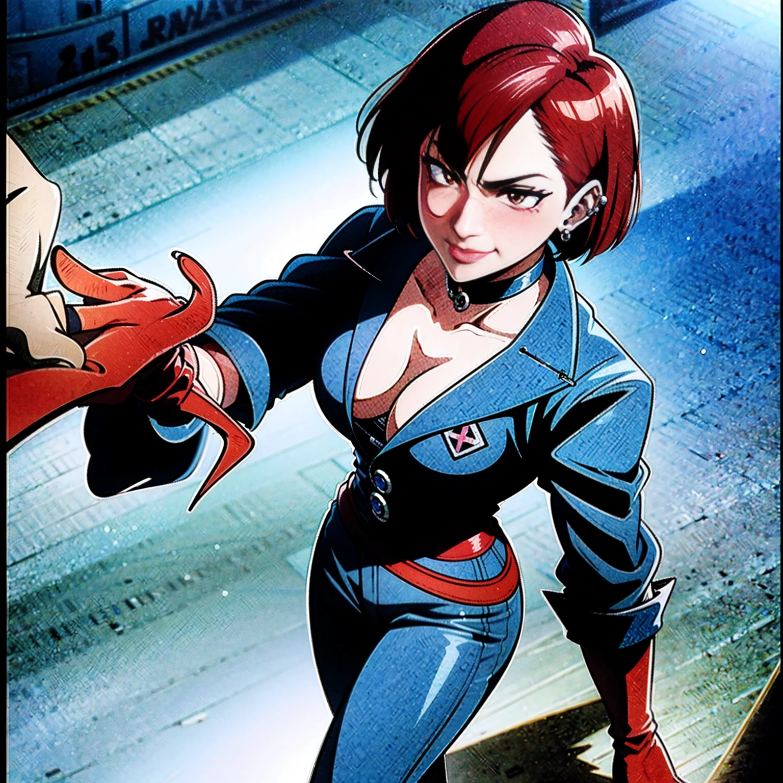in the art style of persona 5, smal breast, delinquent, (sukeban), mature_female, blush, mature, older woman, 25 years old, Sukeban teacher outfit, (1girl, solo female, solo, solo focus)++++, choker, sukeban teacher, sukeban fighter, long_sleeves, open jacket, blue jacket,( jean)+++, light skin tone female, full body, jacket, biker jacket, tape, arm_support, gloves, red_gloves, bridal gauntlets, nail polish, boots, black_footwear, fighter outfit, full body, hourglass, mature face, cheeky smile, cheeky face, wrinkles, (red hair, short hair, bob cut, earrings, ear piercings), red eyeighting art, Martial arts, standing, fighting_stance, fight, fighting), extra colors, 2D, megapixel, perfectionism, accent lighting, full HD , (Masterpiece:1.2), (full-body-shot:1),(cowboy shot:1.2), (Highly detailed:1.2),(anime Detailed Face:1.2), Colorful, A detailed eye, (Detailed landscape:1.2), (natural lighting:1.2), ((sukeban school teacher)) by Vincent Di Fate: Aidyllery, Anamorphic Shot, rule of thirds, face by Artgerm and WLOP,