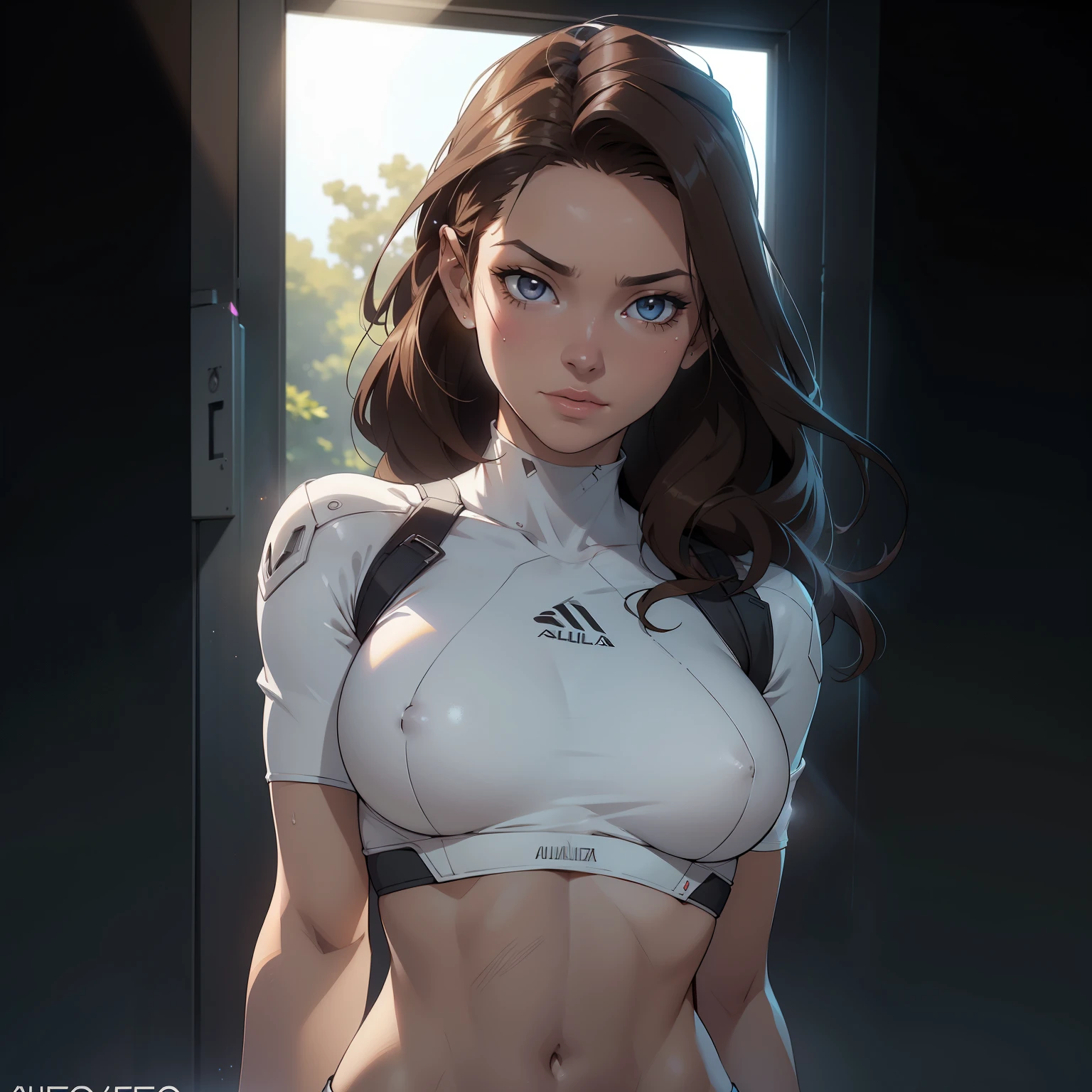 Super Realistic Super Detailed Sexy Woman, A confident girl, NSFW, muy detallado, expresiones faciales sexys, Detail of seductive facial expression.: 1.4): 0.4], 16K resolution, 4k-resolution, dynamic  lighting, high-definition resolution, (pose sexy, Attractive position), (hiperrealista: 1.4), (Luz de fondo: 1.2), (Luz solar: 1), (altura completa: 1.8),(fondo contrastante: 1.5), (hyper-realistic anatomy), (Piel limpia), (Cinematic lighting: 1.7), (intimo), (Tecnología NVIDIA RTX Ray Tracing), (Perfect flat stomach), (Imagen en color),（.RAW，burlarse，Lente ultra gran angular Nikon Z de 14 mm，Glamorous, award-winning photo quality）），（（Obras maestras）），（（Realista）），poros de la piel，Sub-Surface Scatterring，Irradiar luz，high resolusion，Detailed facial features，Detalles altos，foco nítido，Suave，Beautiful，extremadamente detallado，（muy detallado eyes，muy detallado iritremely detailed hair，extremadamente detallado skin，extremadamente detallado clothes，octane representation，Realista，Realista，Post-processing in maximum detail，Detalles naturales de las manos， Sombras realistas， aspereza， Textura natural de la piel， vida real， a hiperrealista， realismo， Cinematographer， 8k UHD， Cinematographer， HDR， complejo， Elegent， Altamente detallado， foco nítido， asombroso， Beautiful， recargado）， （Obras maestras：1.2， Mejor calidad1：1， Ultra detalle：1.2， Mejor sombra， 8k：1.1）， （Grandes ciudades：1.3， azotea：1.1， The structure below， apoyabrazos）， （Contrastar el fondo， fondo brillante）， （Beautiful detail face）， alto contraste， （perfect ilumination：1.2， Beautiful colors，colores delicados），（（cinematiclight）），colorido，Ultra detalle，dramatic light，Detalles intrincados，（1 chica，solamente，with brown hair，smiley，un pelo corto，cabello lacio：1.1，ojos azules，Dynamic angles，Camiseta blanca sin mangas，vaqueros，Fotos de vaqueros，Arms are naturally down），Profundidad de campo