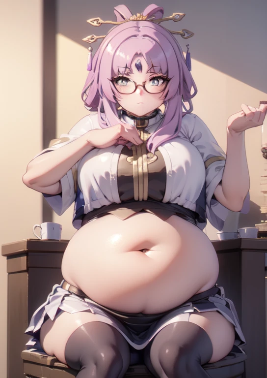 (masterpiece, best quality), 1girls, big belly, blurry background, huge belly, art by kipteitei, round belly, chubby, curvy, white button-up shirt, skirt, thighhighs, simple_background, gradient_background, belly bursting out of shirt, belly grab, enormous belly, fat belly, thicc, bigger belly, sitting on chair, really big belly, jiggly belly, shirt covering belly, belly cover by shirt, glasses