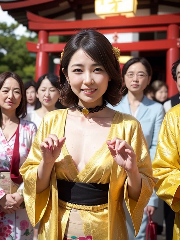 (high-level image quality、hightquality、hight resolution、detaileds、masterpiece)、(There are mature and beautiful women)、I'm 43 years old、Smile at the camera、(A pure Japanese hairstyle with a beautiful hairpin)、(Light brown hair)、(being thin:1.2)、(Small:1.2)、(Japanese-style lingerie with large decorations:1.2)、She wears a collar, bangles, and a kimono-style garter belt.、(holding a golden dragon in both hands)、The pose is so cute and nice、(Visiting a shrine for the first time in a crowd of people:1.2)