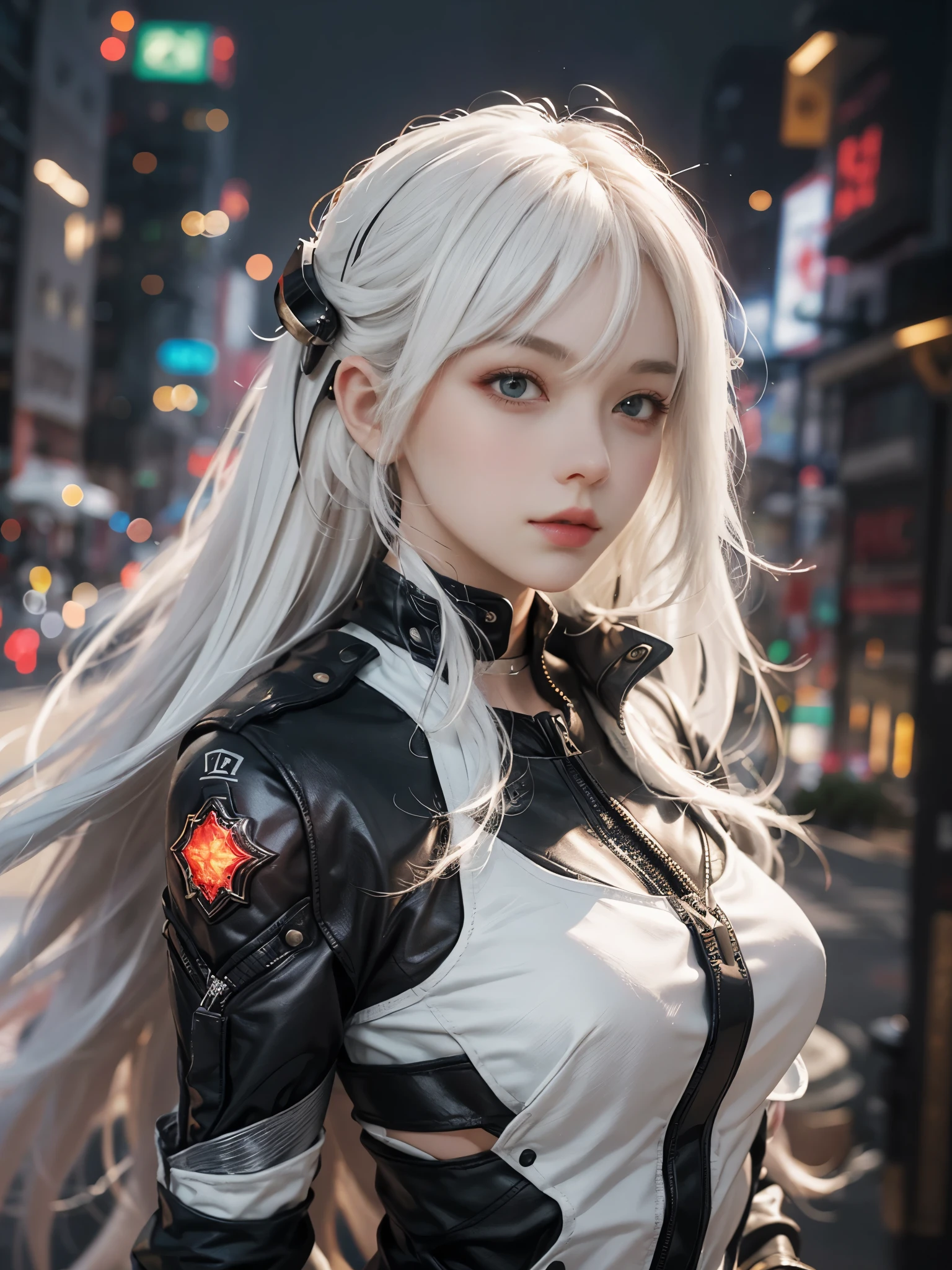 Close-up of woman with white hair and white mask、beautiful character painting、guweiz、Guweiz style artwork、white haired god、Jan J、epic exquisite character art、Stunning character art、Fanchy、Uzunsifan、guweiz from pixiv art station,Faces of reality,Real people,Photo Quality,Images of real people captured by a camera,Shoot from the waist up,Futuristic cyber city,