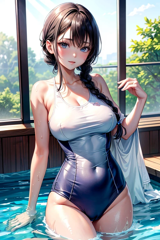 (Best Quality, 4K, 8K, hight resolution, masutepiece:1.2), Ermao、short braided hair。her breasts are beautiful and big。Indoor swimming school with friends。one-piece School Swimsuit。dive into the water and swim。