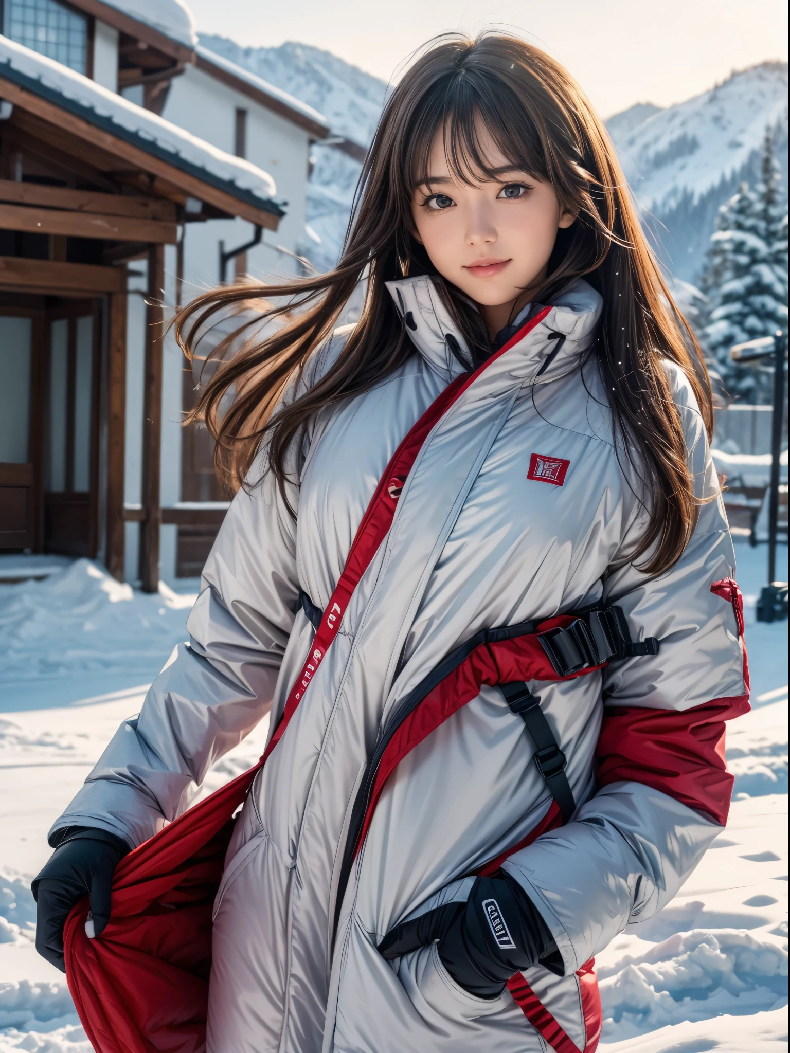 (8K,masutepiece, Raw photo,Best Quality:1.4),(photographrealistic:1.2),(extremely Detailed face),(Shiny skin),(Detailed skin),(Detailed face),(Extremely beautiful face), 1girl in,Looking at Viewer,Japanese idol(actress), brown hair,Medium Hair,Straight hair,asymmetrical bangs,Smile,glamor,Large breasts, Wearing ski wear, ski pants and ski gloves, At the snowy ski resort,High Position,Natural lighting