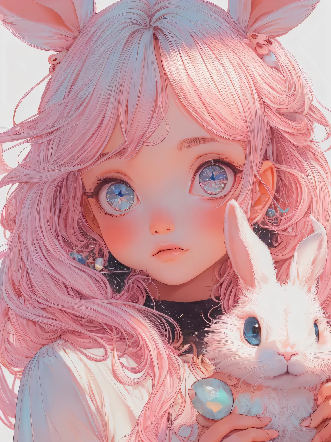 (masutepiece, Best Quality), girl playing with a beautiful rabbit、profile、Clean hair ornament, enticing, big gorgeous eyes, (Detailed eyes, Eyes Like Gems, Sparkling eyes:1.3) , Soft smile, perfect slim fit body, Pink sky, (plein air), Bright colors, (Risograph)