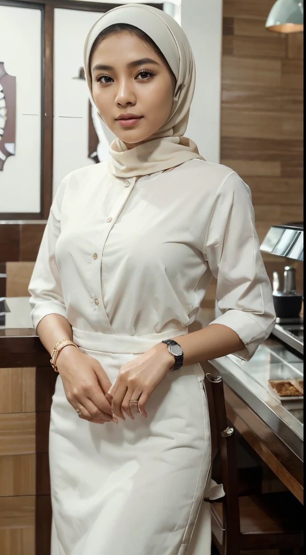 Malay girl long red hijab , wear white office shirt and white high waist pants, suits, smiling, wear big gold necklace chain, front view, windy, detail skin, age spot, detail skin texture, mole below eyes, wide hips, thick thighs, beautiful body, morning, laughing, happy, bright lighting, people in background, nighttime, blur background, bokeh, location: kuala lumpur city street