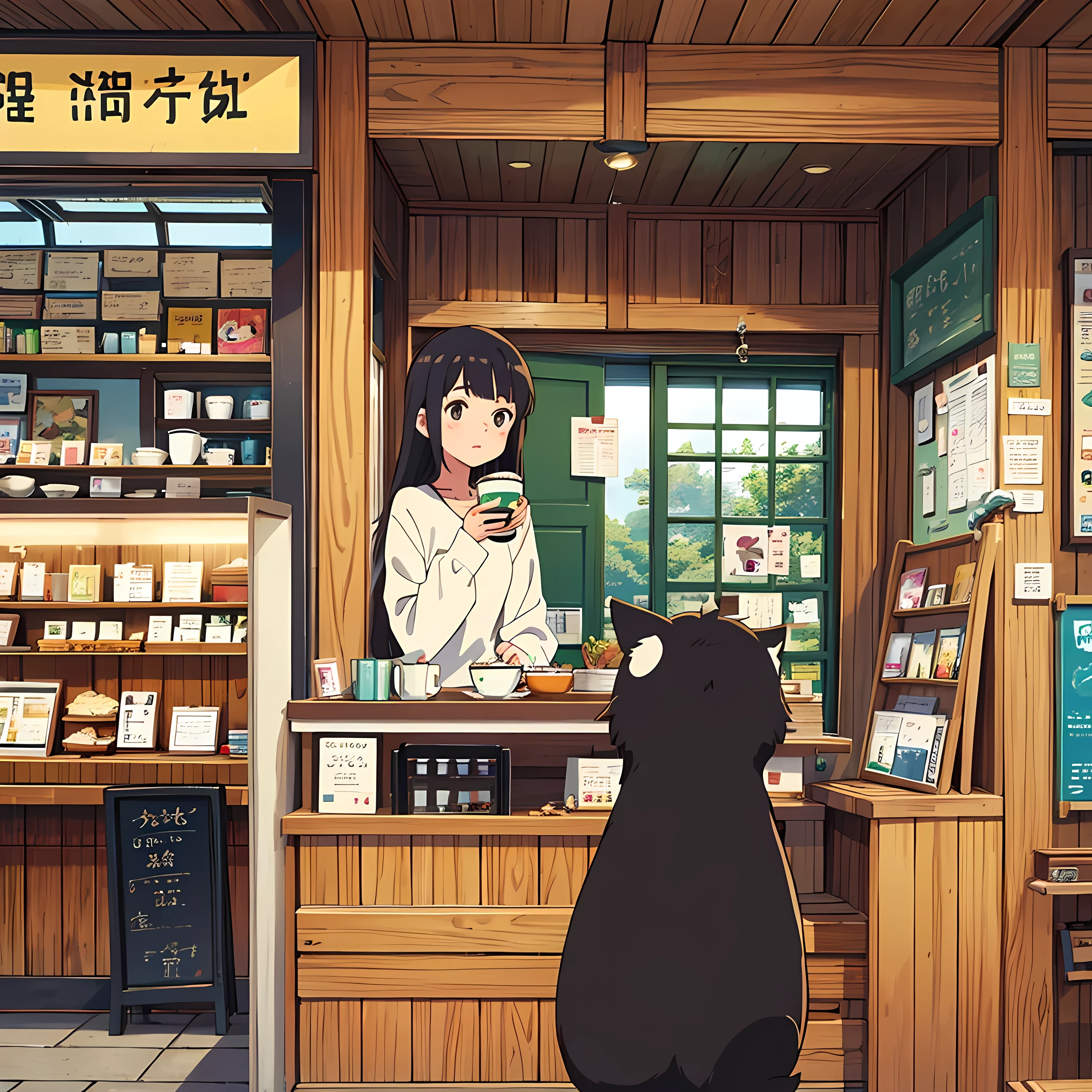 Un bavarder dans un café à Tokyo. Le café est vide. Il y a un le sur la table du bavarder. style : mignon, Anime, numérique. Zéro humain. qualité : 8k. Illustration détaillée mignonne. Illustration d&#39;anime souple. Fanart de haute qualité. Inspiré par : Studio Ghibli. Inspiré par : Chihiro. Inspiré par : Totoro. Inspiré par : Classement des rois. ambiance : Lo-fi, café, le, tranquille, bavarder, animal domestique, Anime, manga. journée. café. Asiatique. fille mignonne.