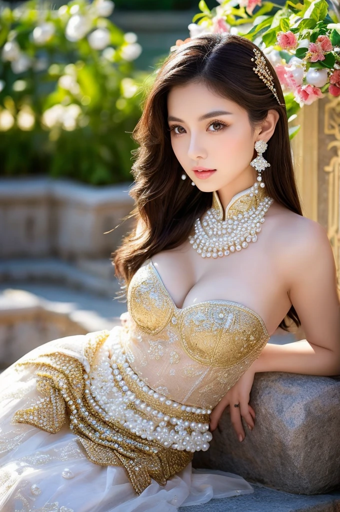 a woman in a white and gold cheongsam, intricate, sitting on a rock, sexy, elegant full body, Dark long brown hair, Super fine face, Fine eyes, Blue eyes, Double eyelids, (Pearl earrings:1.2), Highly Detailed Skin Texture, Golden ratio, gorgeous Chinese model, beautiful oriental woman, beautiful goddess, beautiful Asian girl, beautiful Spanish woman, royal elegant pose, gorgeous lady, classy, the appearance of the hourglass, Flower background:1.4), (Colorful:1.1) highest details, HDR