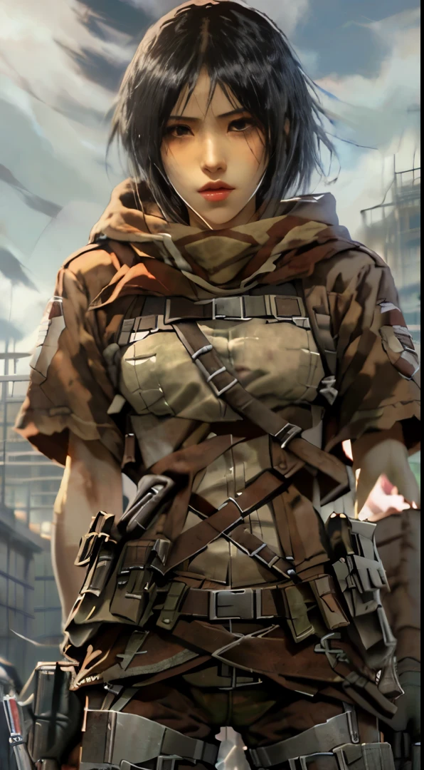 a close up of a person with a gun on a field, mikasa ackerman, from attack on titan, attack on titan covert art, attack on titan anime style, (attack on titans anime), by Akihiko Yoshida, key visual of attack on titan, levi ackerman, attack on titans, snk, attack on titan, detailed key anime art，Attack on Titan heroine Mikasa Ackerman，with short black hair，Short hair，warrior combat uniform，black color hair，Short hair